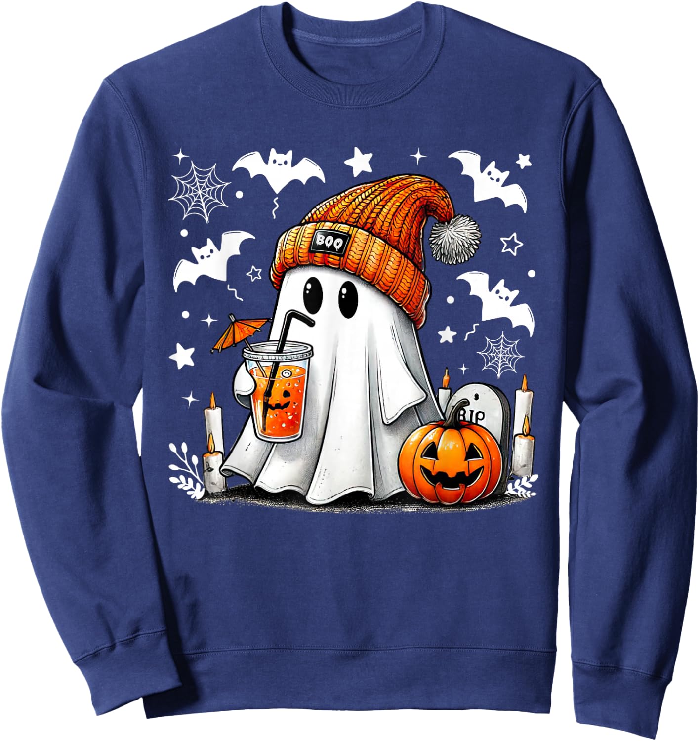 Cute Ghost Drinking Coffee Halloween Ghost Coffee Sweatshirt - Sweatshirt | Navy