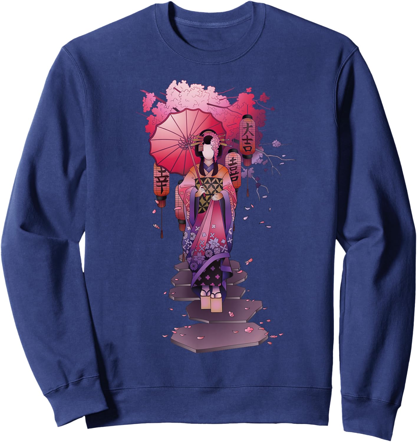 Vintage Japanese Kawaii Geisha Girl in Kimono Japan Art Sweatshirt - Sweatshirt | Navy