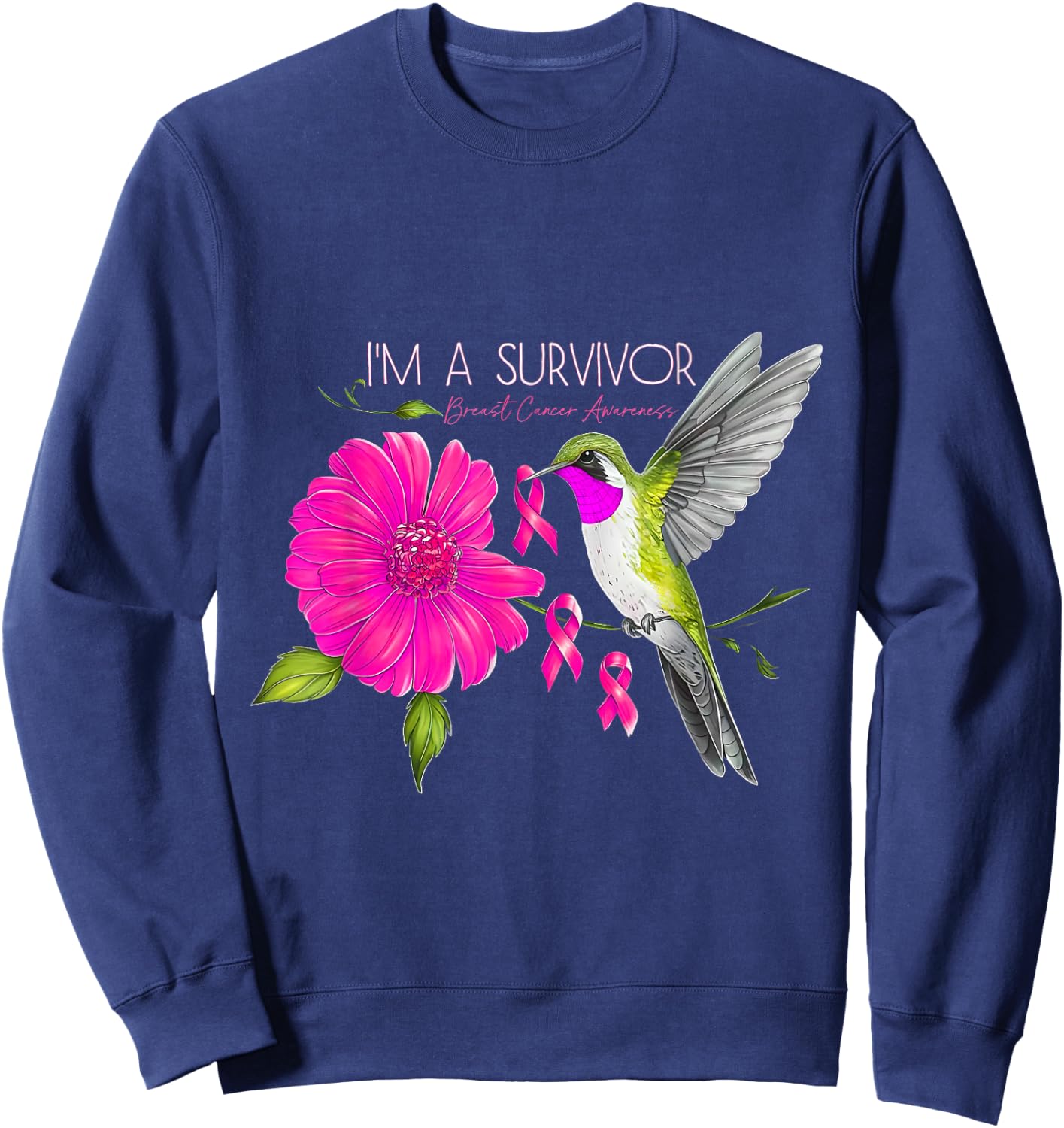 Hummingbird Sunflower I'm A Survivor Breast Cancer Awareness Sweatshirt - Sweatshirt | Navy