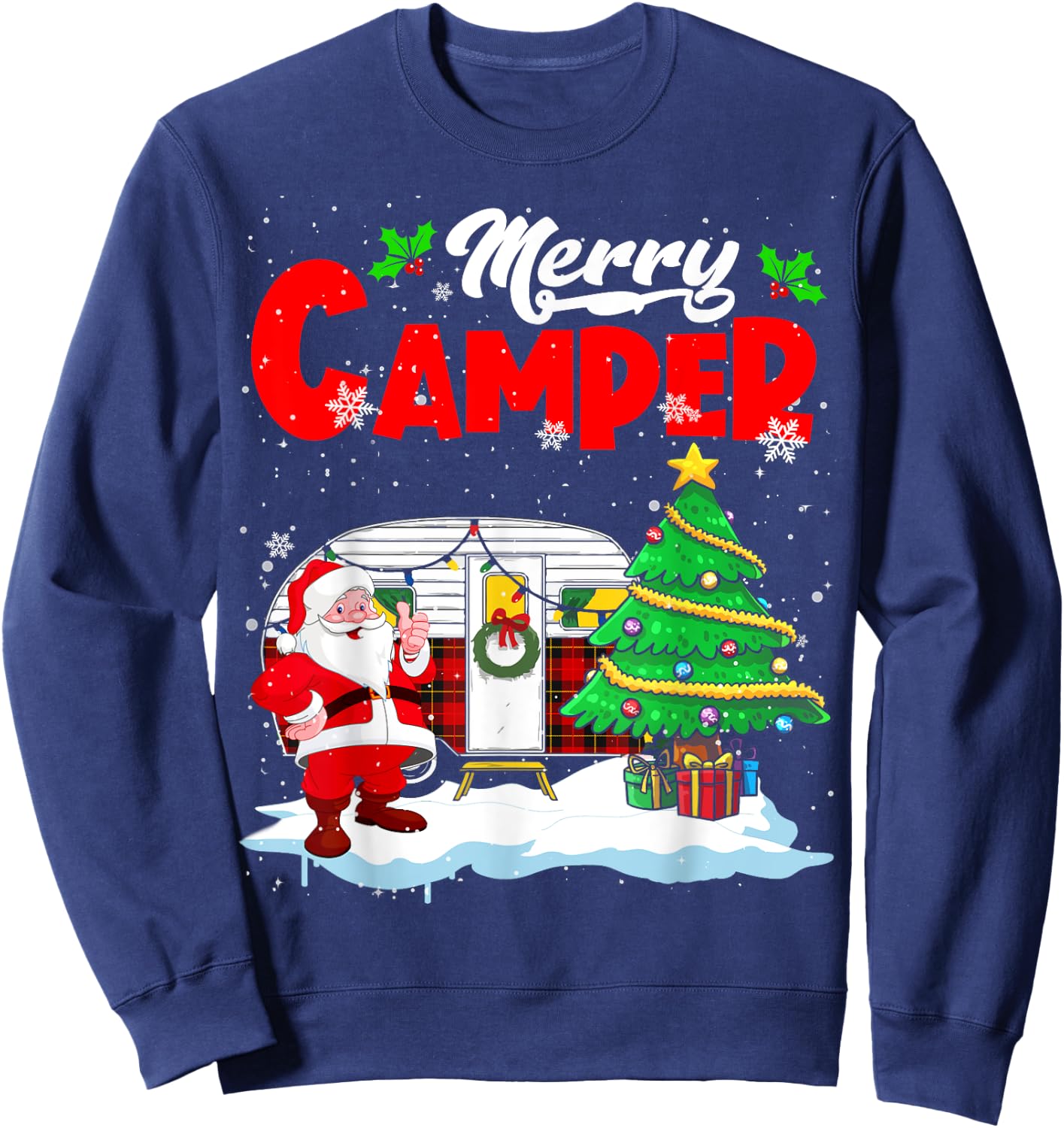 Merry Camper Christmas Santa Camper Camping Truck Red Plaid Sweatshirt - Sweatshirt | Navy