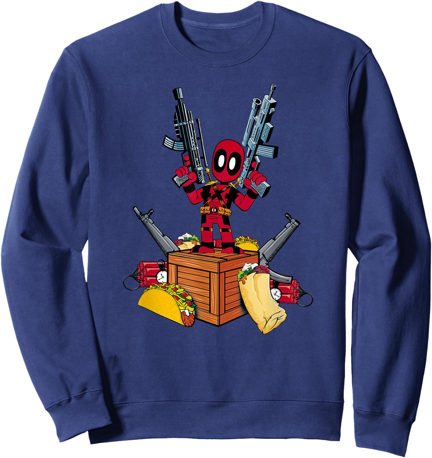 Marvel Deadpool Weapons And Tacos Cute Comic Icon Sweatshirt - Sweatshirt | Navy