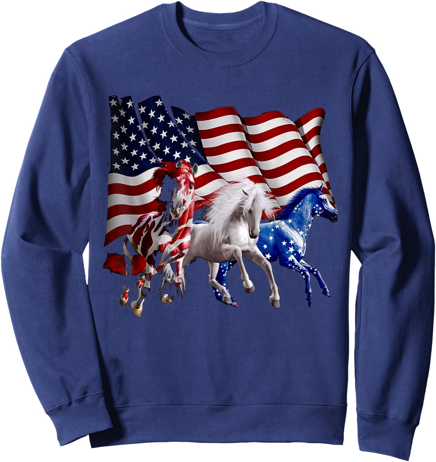 Happy 4th Of July American Flag Red White Horse And Blue Sweatshirt - Sweatshirt | Navy