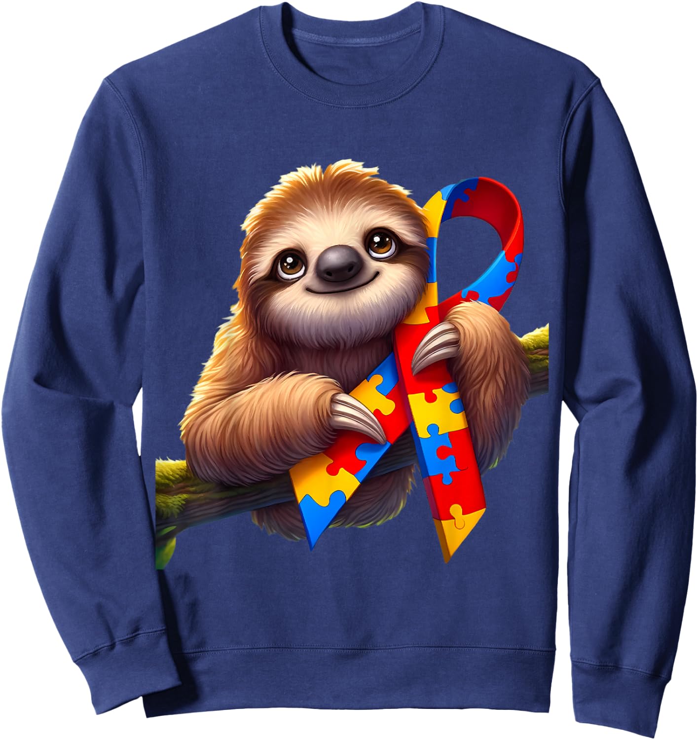 Autism Awareness Cute Sloth Yellow Red Blue Animal Ribbon Sweatshirt - Sweatshirt | Navy
