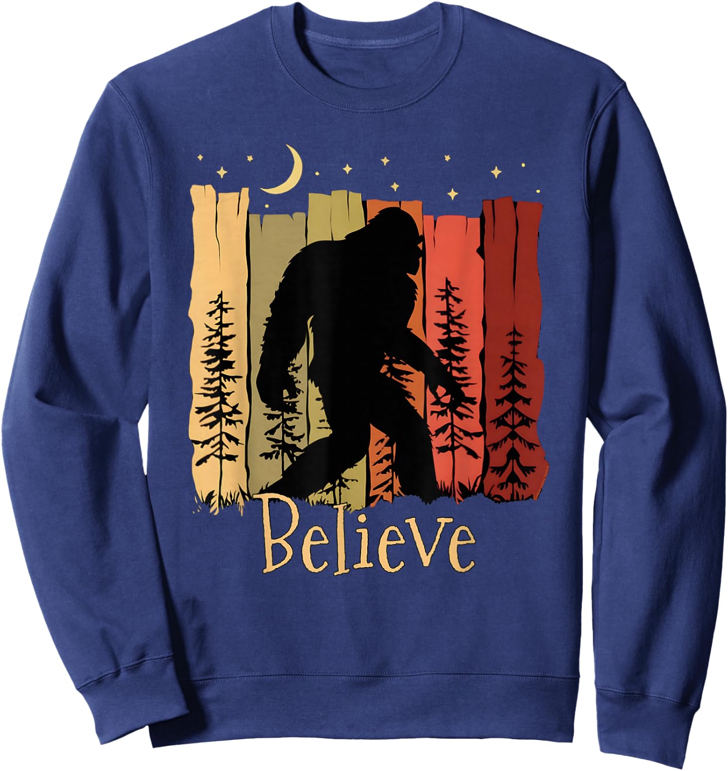 Bigfoot with Trees Moon Stars Sasquatch Believe Bigfoot Sweatshirt - Sweatshirt | Navy