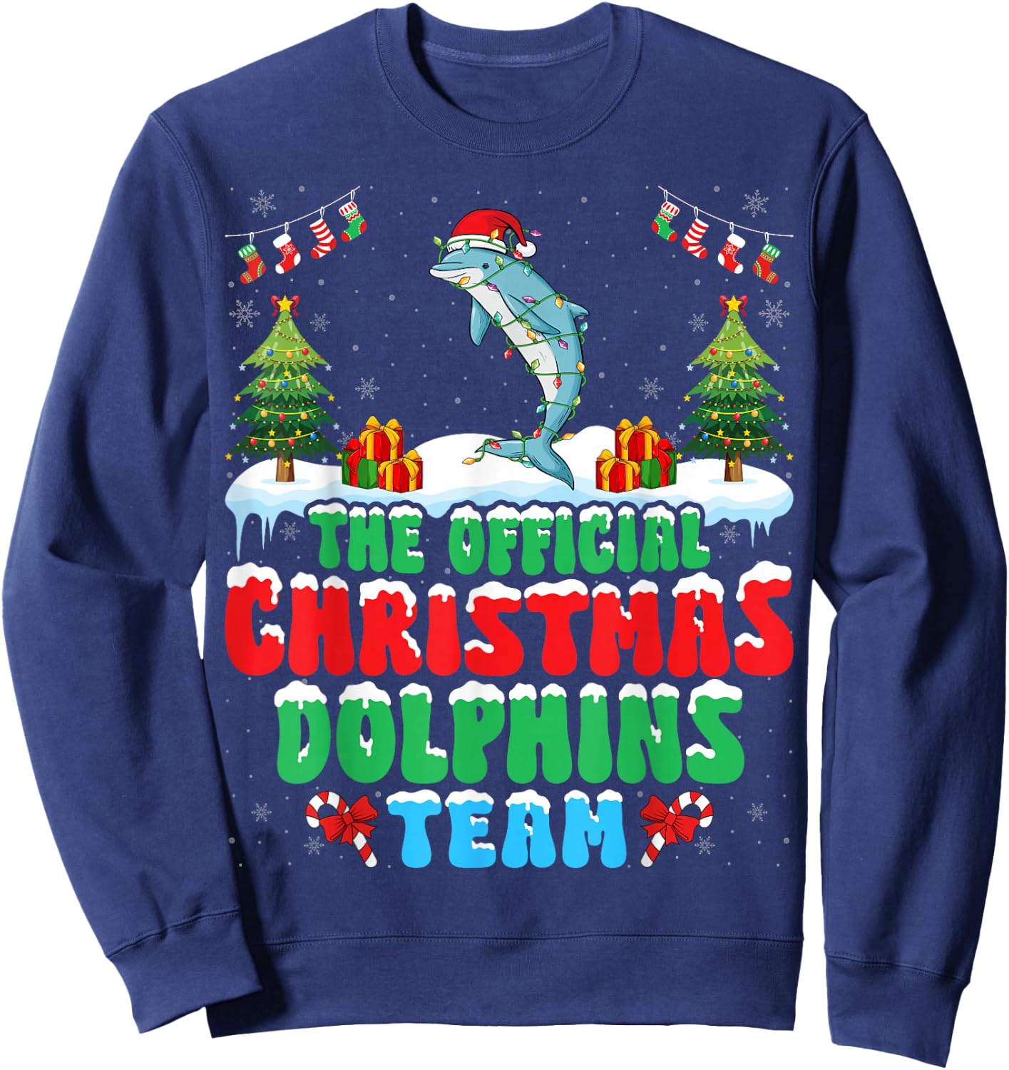 Christmas Dolphins Team - Dolphins Wearing Santa Hat Xmas Sweatshirt - Sweatshirt | Navy
