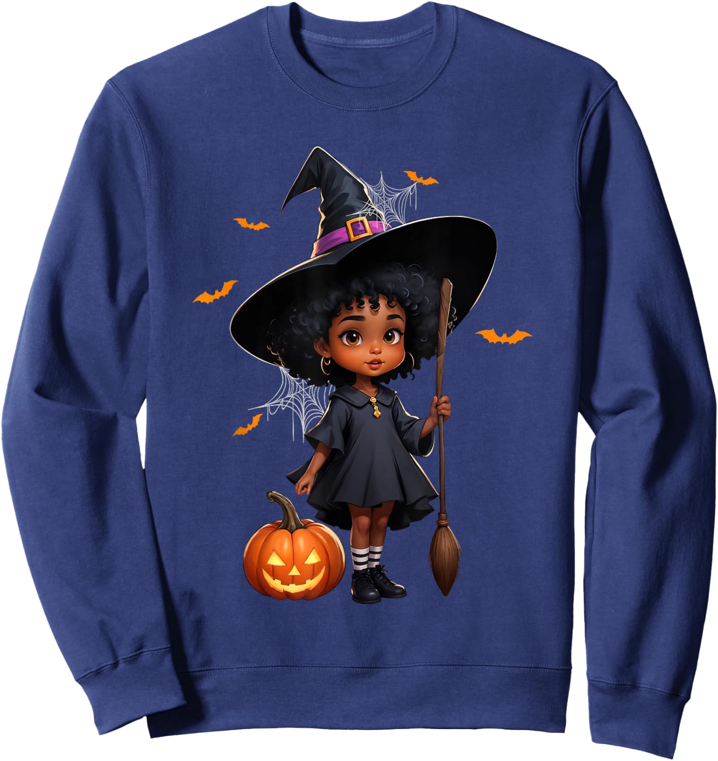 African American Black Girl Cute Witch Halloween Pumpkin Sweatshirt - Sweatshirt | Navy