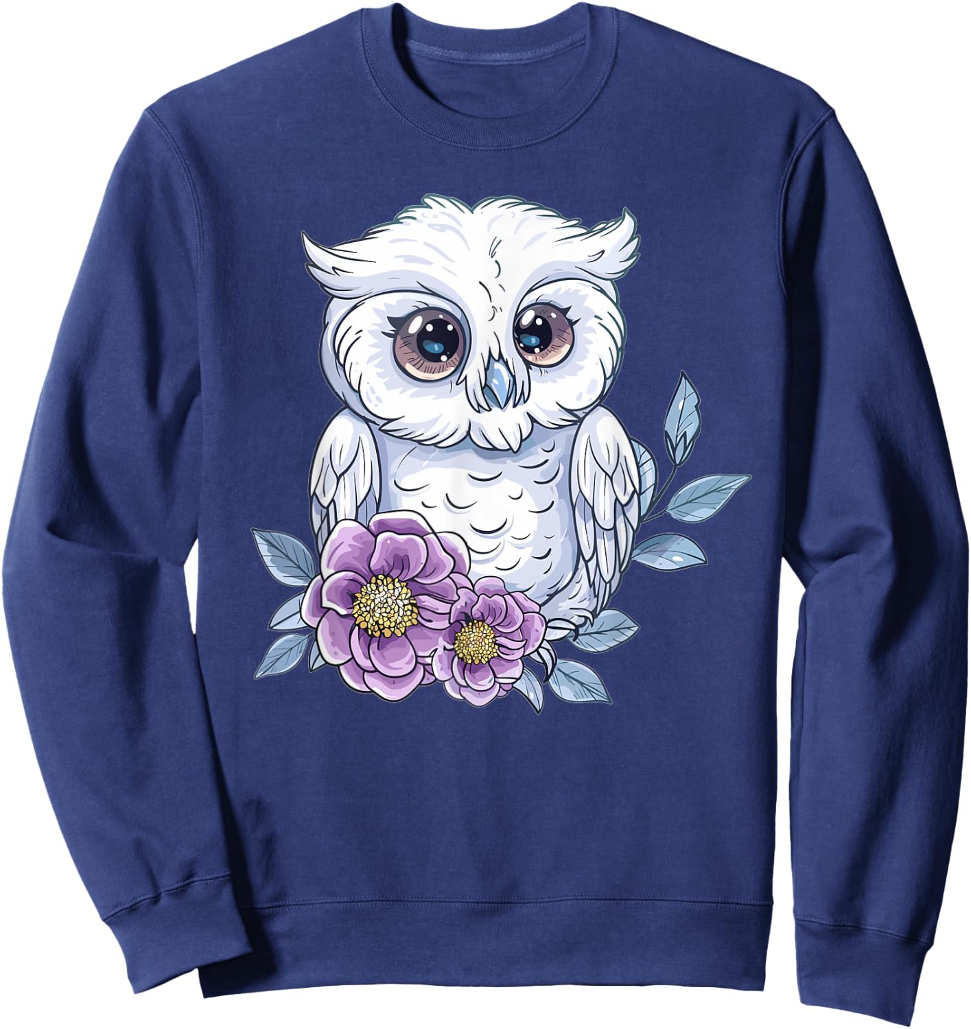 Cute Snowy Owl With Flowers I Snowy Owl Sweatshirt - Sweatshirt | Navy