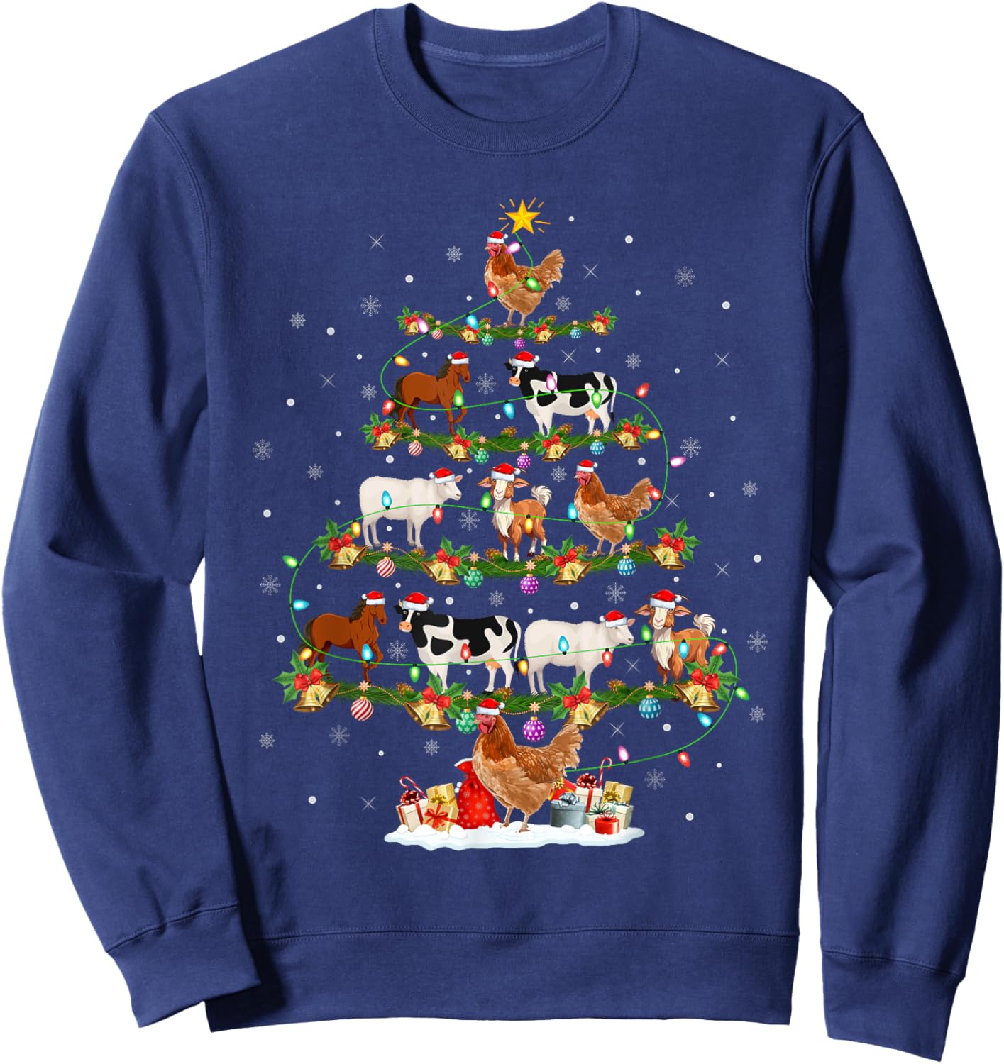 Chicken Cow Goat Horse Farm Animal Farmer Christmas Tree Sweatshirt - Sweatshirt | Navy