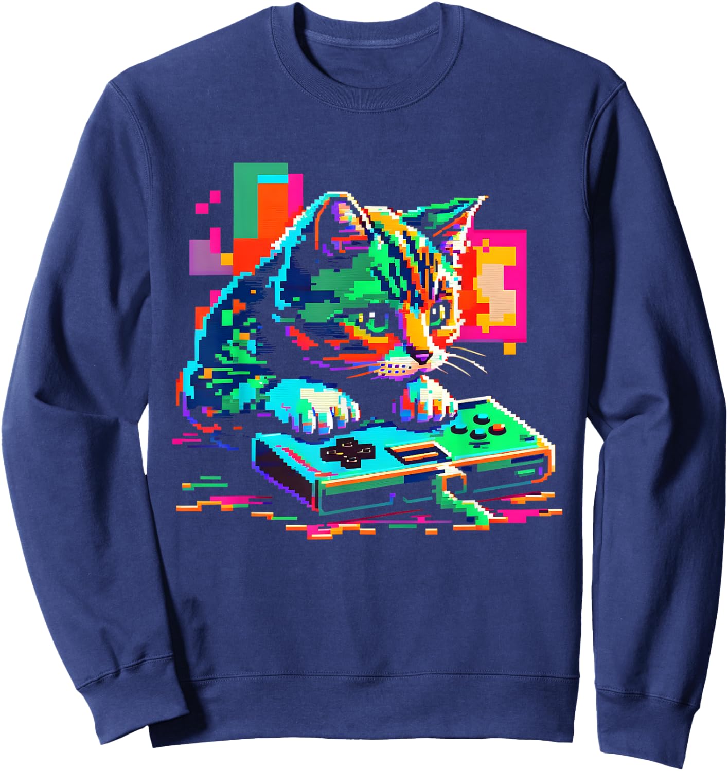 Cat Gaming 8-bit Gaming Cat Pixel Art Gamer Kitten Women Girls Kids Sweatshirt - Sweatshirt | Navy