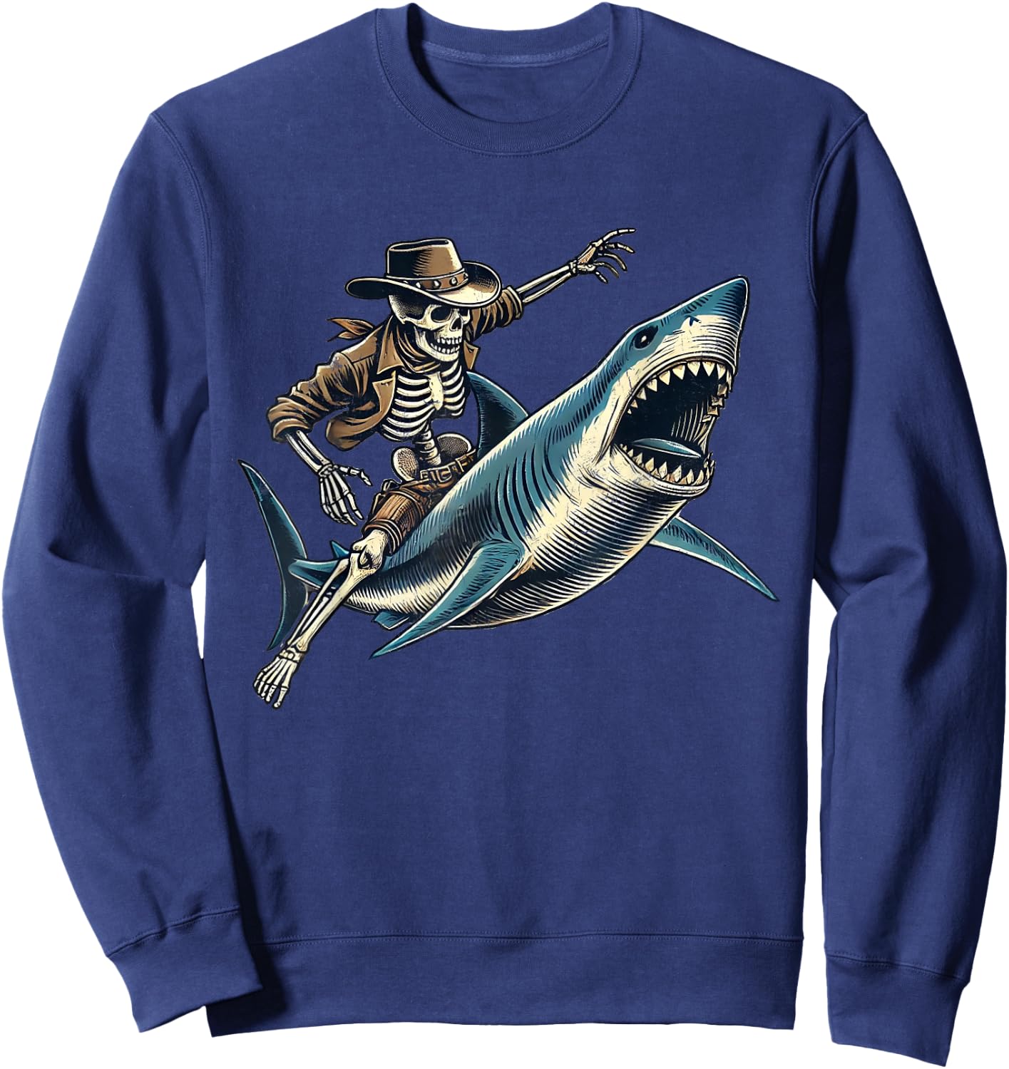 Skeleton Rodeo Shark Funny Vintage Skeleton Riding Shark Sweatshirt - Sweatshirt | Navy