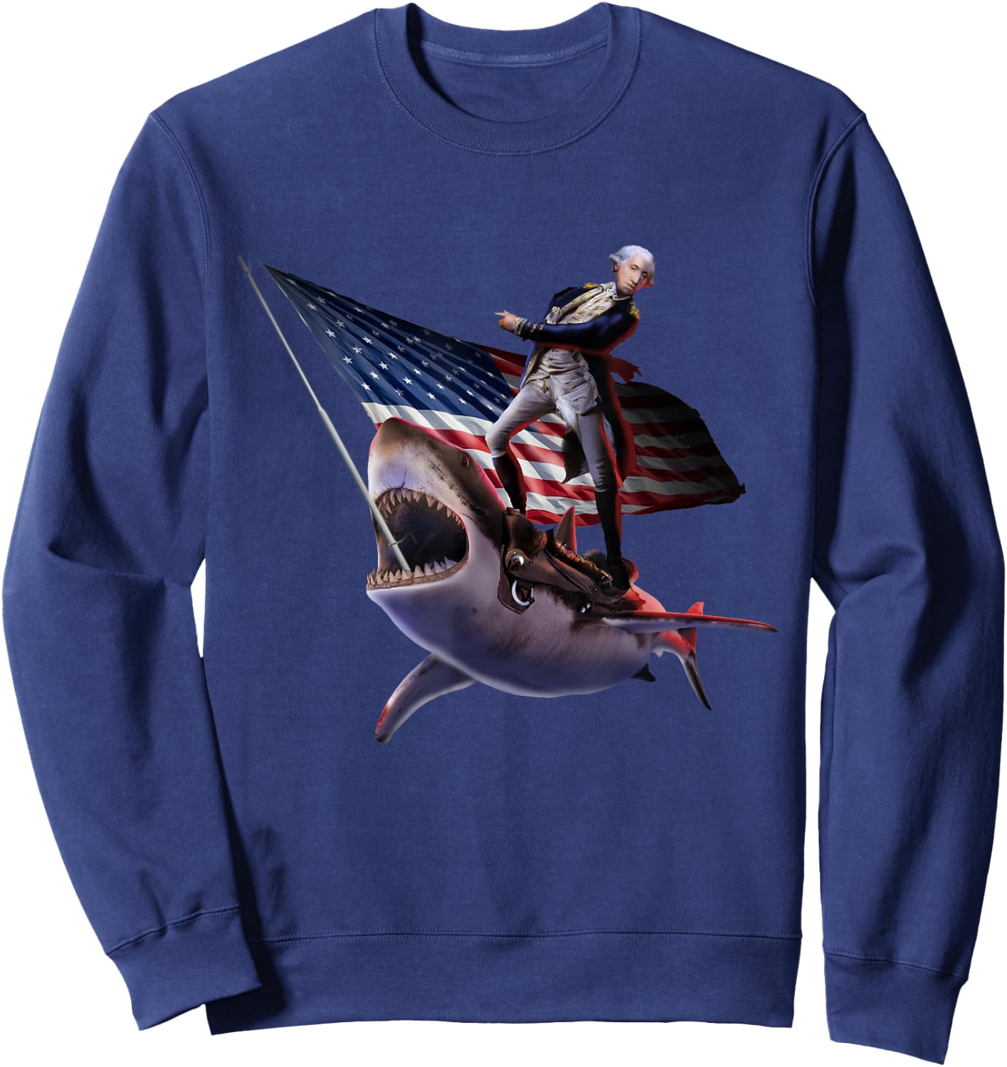 George Washington Riding Shark, 4th July, Patriotic Funny Sweatshirt - Sweatshirt | Navy