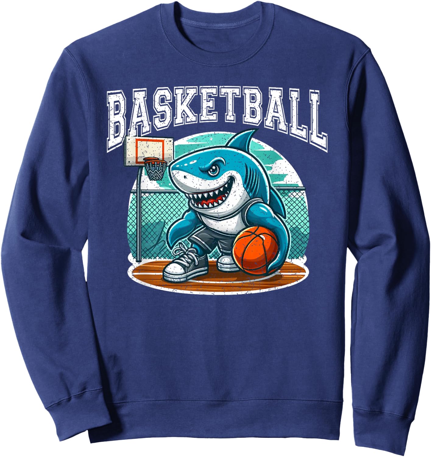 Basketball Shark Playing Basketball Vintage Sweatshirt - Sweatshirt | Navy