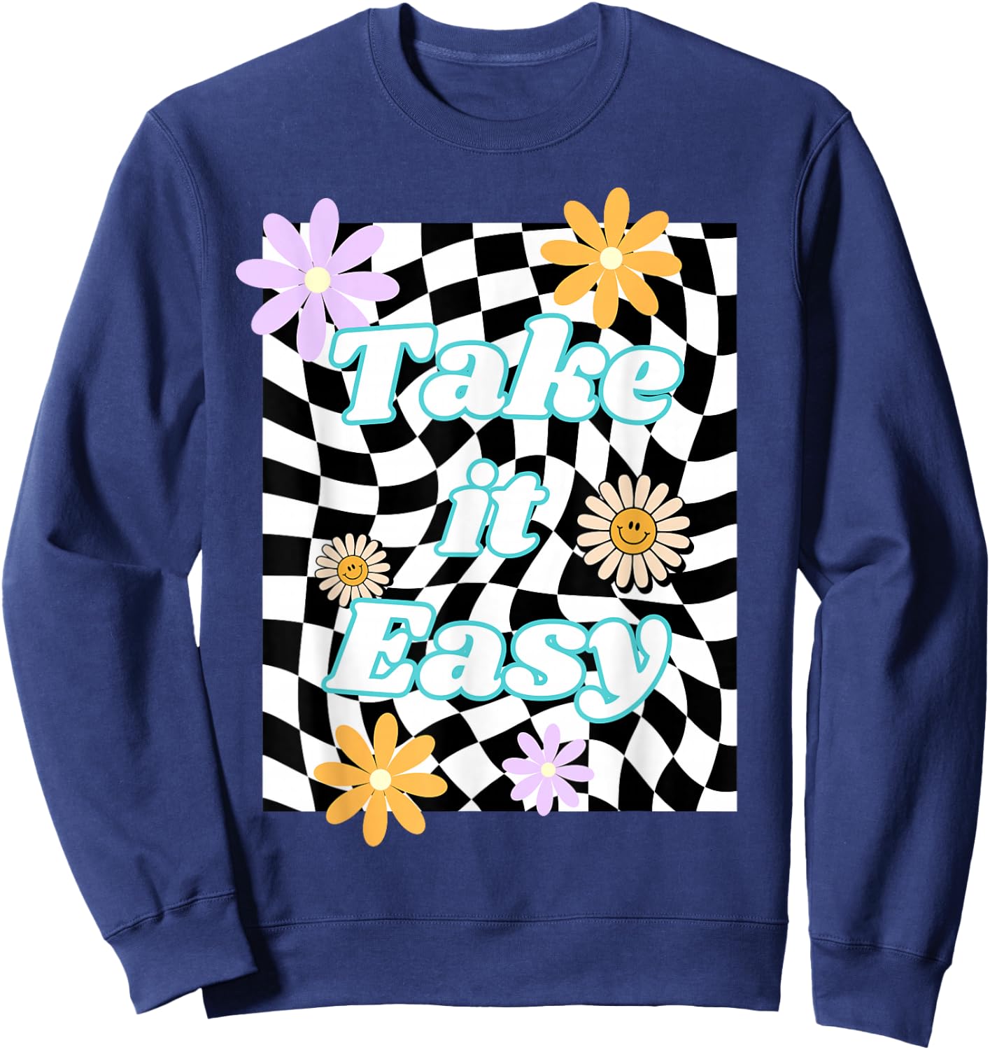 Take It Easy Checkered Groovy Smile Daisy Retro Flower Sweatshirt - Sweatshirt | Navy