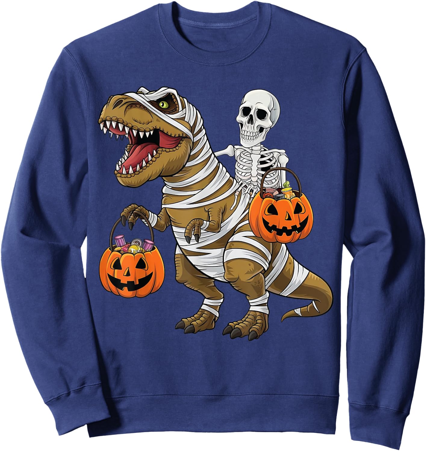 Skeleton Riding Mummy Dinosaur T rex Halloween Funny Pumpkin Sweatshirt - Sweatshirt | Navy