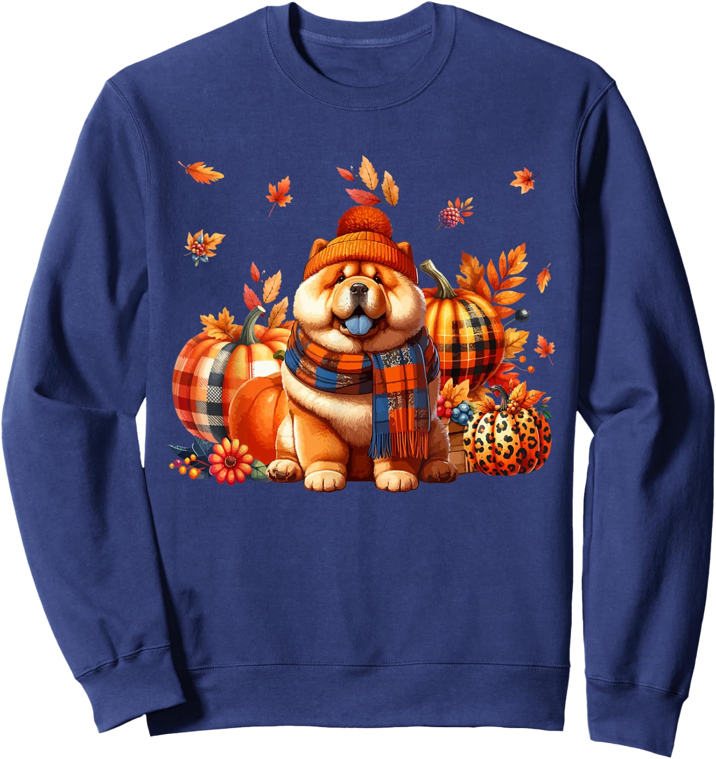 Chow Chow Thanksgiving Leopard Pumpkins Fall Leaves Lover Sweatshirt - Sweatshirt | Navy