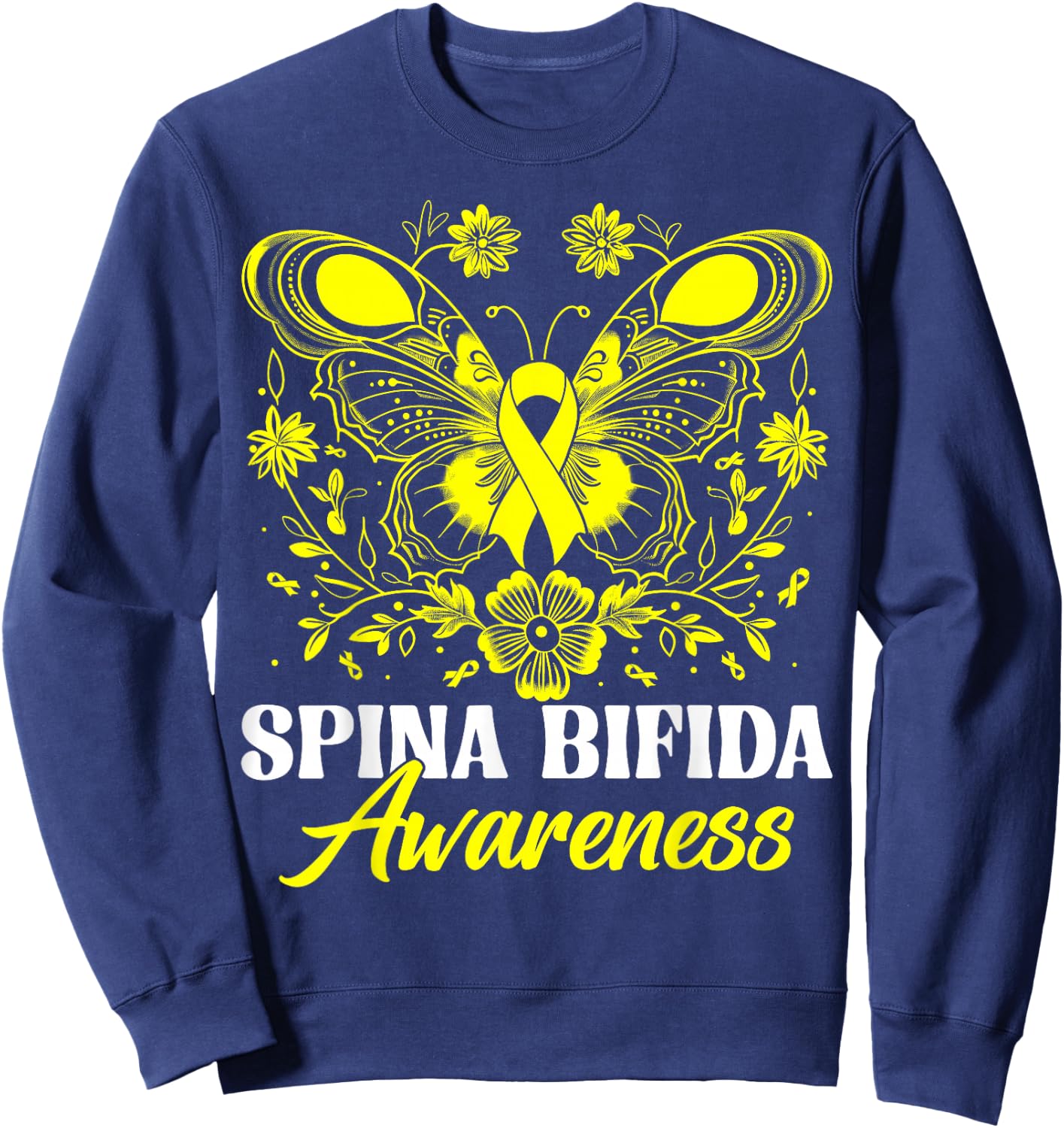 Spina Bifida Awareness Month Warrior Yellow Ribbon Butterfly Sweatshirt - Sweatshirt | Navy