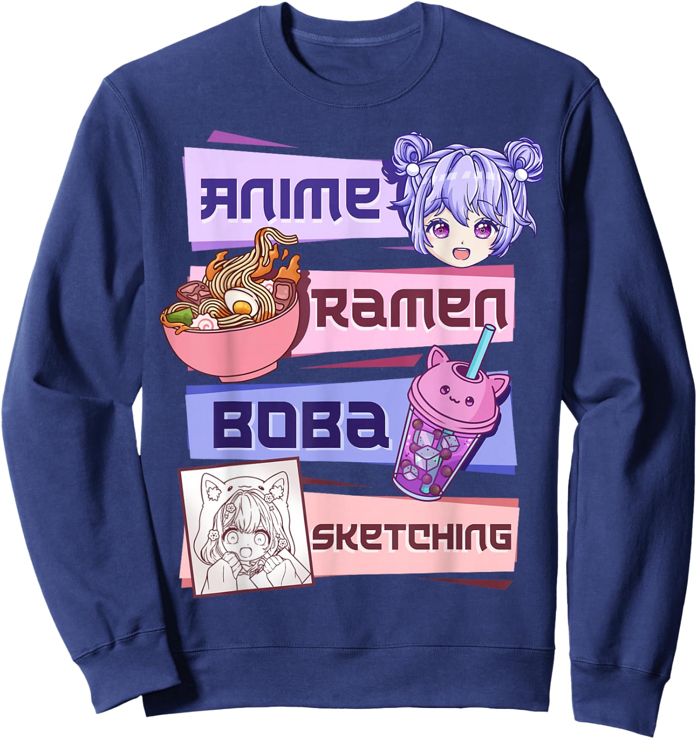 Anime Girl Ramen Boba Tea Bubble Tea Sketching Sweatshirt - Sweatshirt | Navy