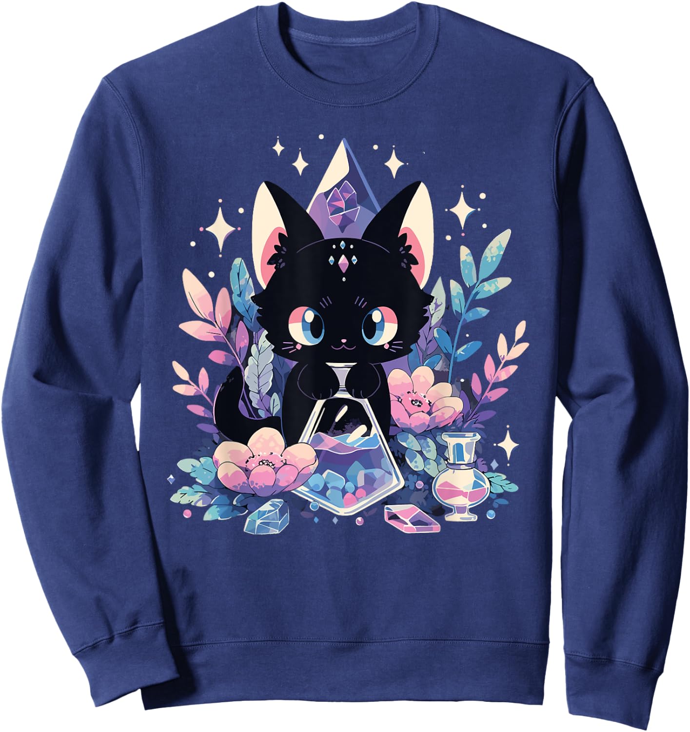 Cute Kawaii Witch Black Cat Crystal Alchemist Pastel Goth Sweatshirt - Sweatshirt | Navy