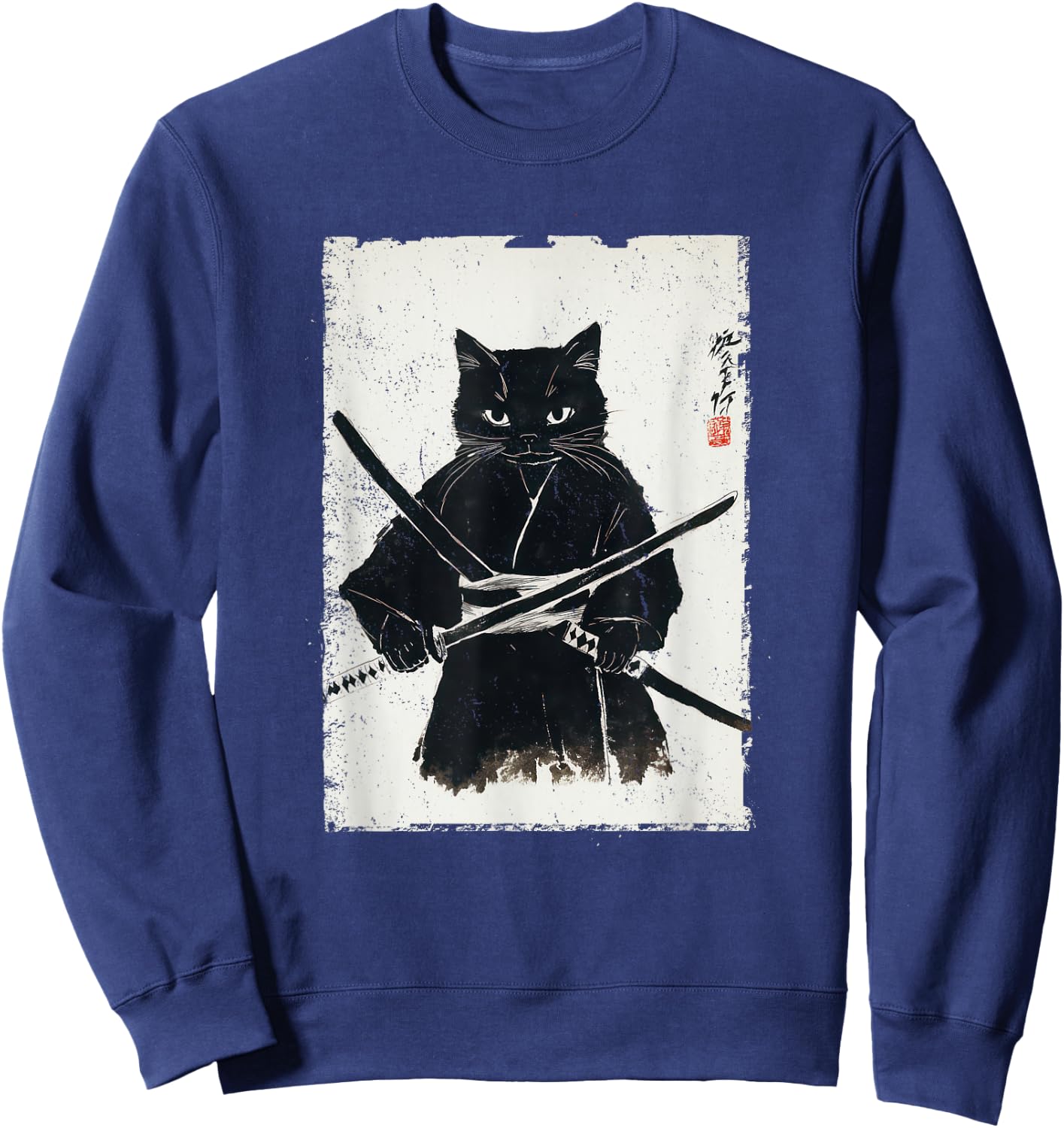 Vintage Samurai Cat Graphic Art Japanese Ukiyo-e Sweatshirt - Sweatshirt | Navy