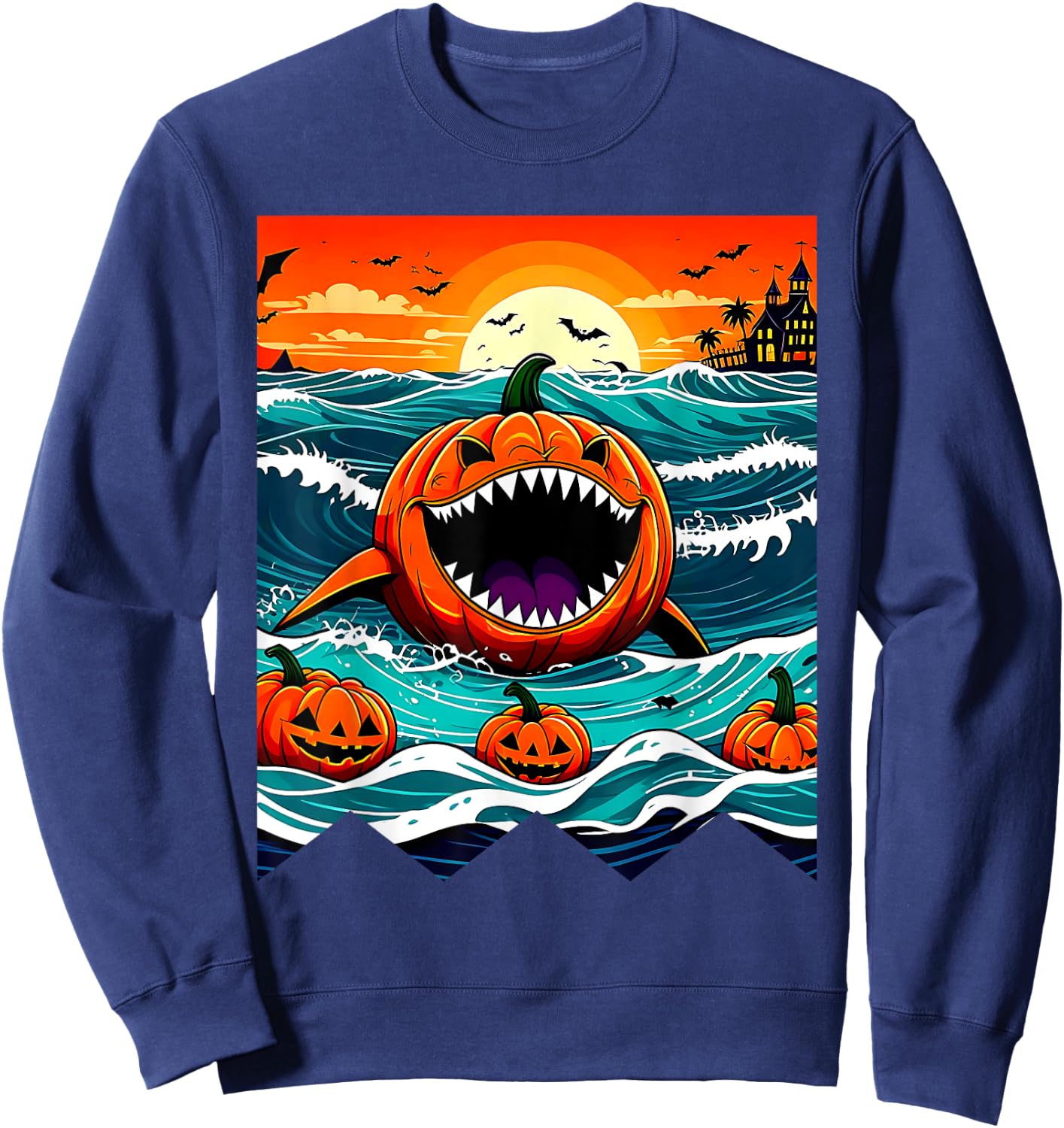 Halloween Pumpkin Shark Funny Summerween Spooky Summer Kids Sweatshirt - Sweatshirt | Navy