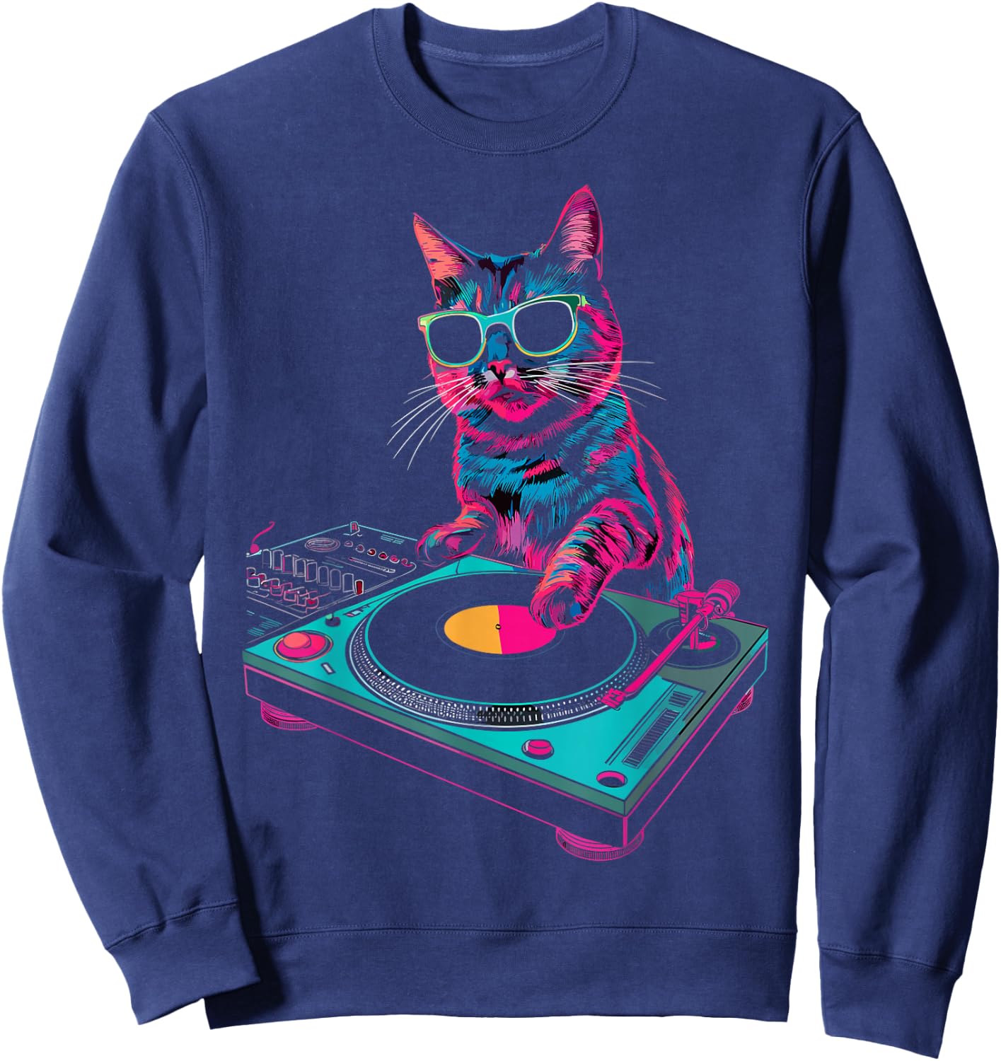 House DJ Cat Rainbow DJ Cat Kitty on Turntable Disco DJ Cat , Small, Black Sweatshirt - Sweatshirt | Navy