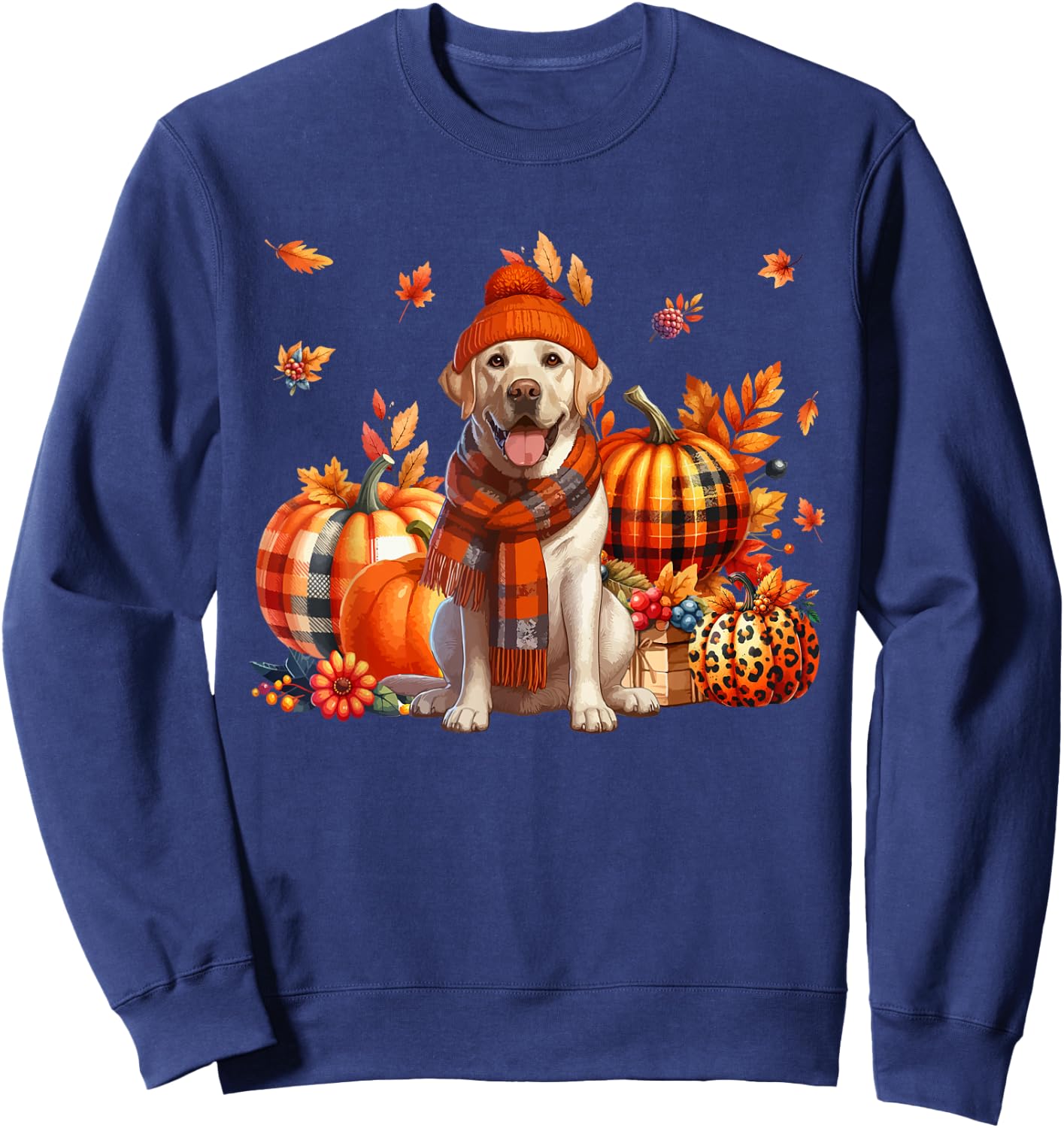 Labrador Retriever Thanksgiving Leopard Pumpkins Fall Leaves Sweatshirt - Sweatshirt | Navy