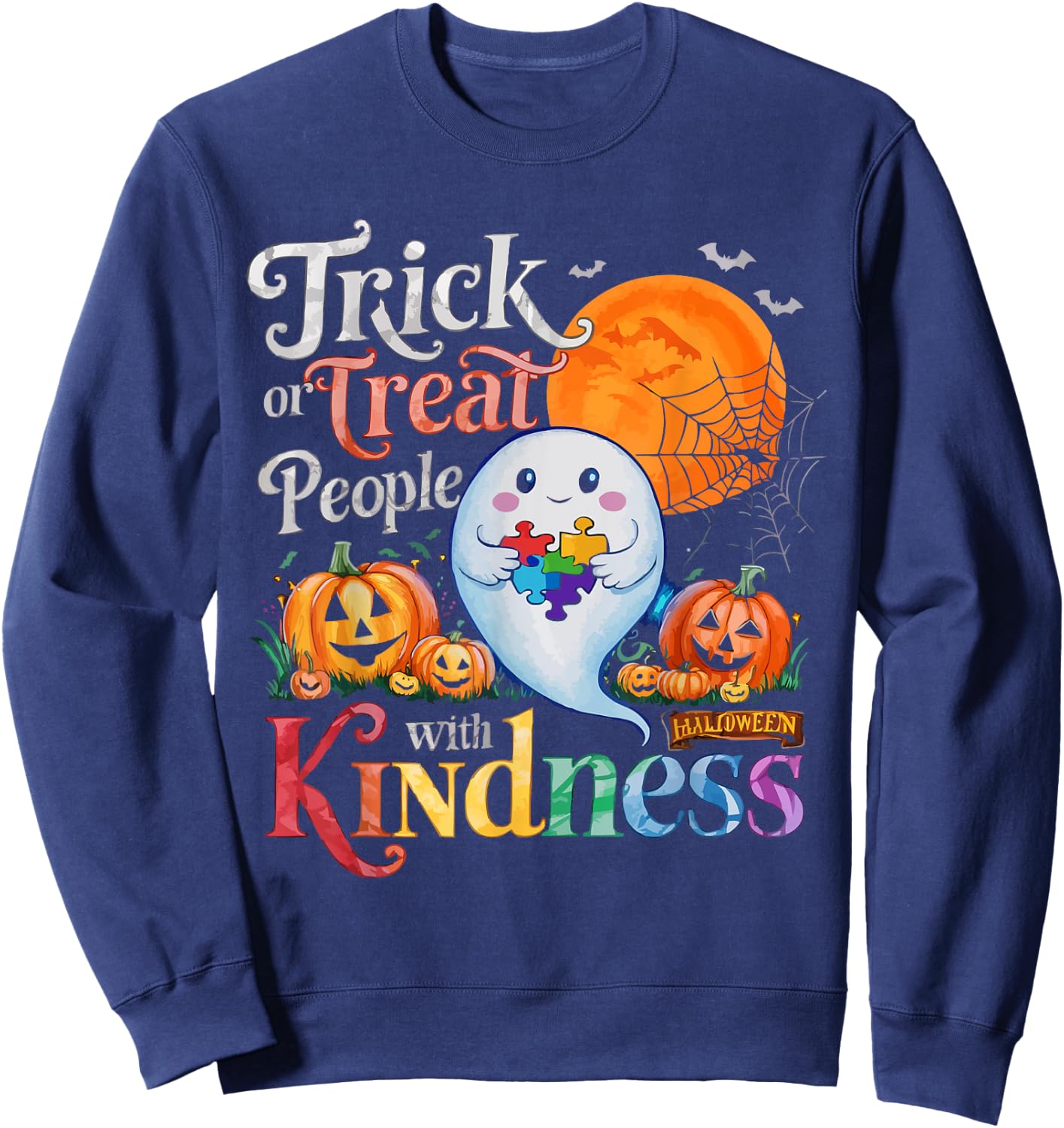 Support Autism Halloween Spooky Autistic Trick Or Treat Sweatshirt - Sweatshirt | Navy