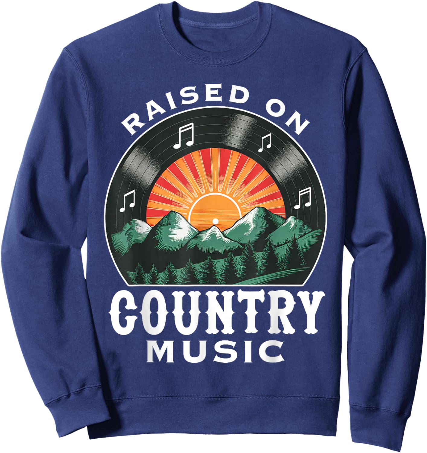 Raised on Country Music Vinyl Vintage Sunset and Mountains Sweatshirt - Sweatshirt | Navy