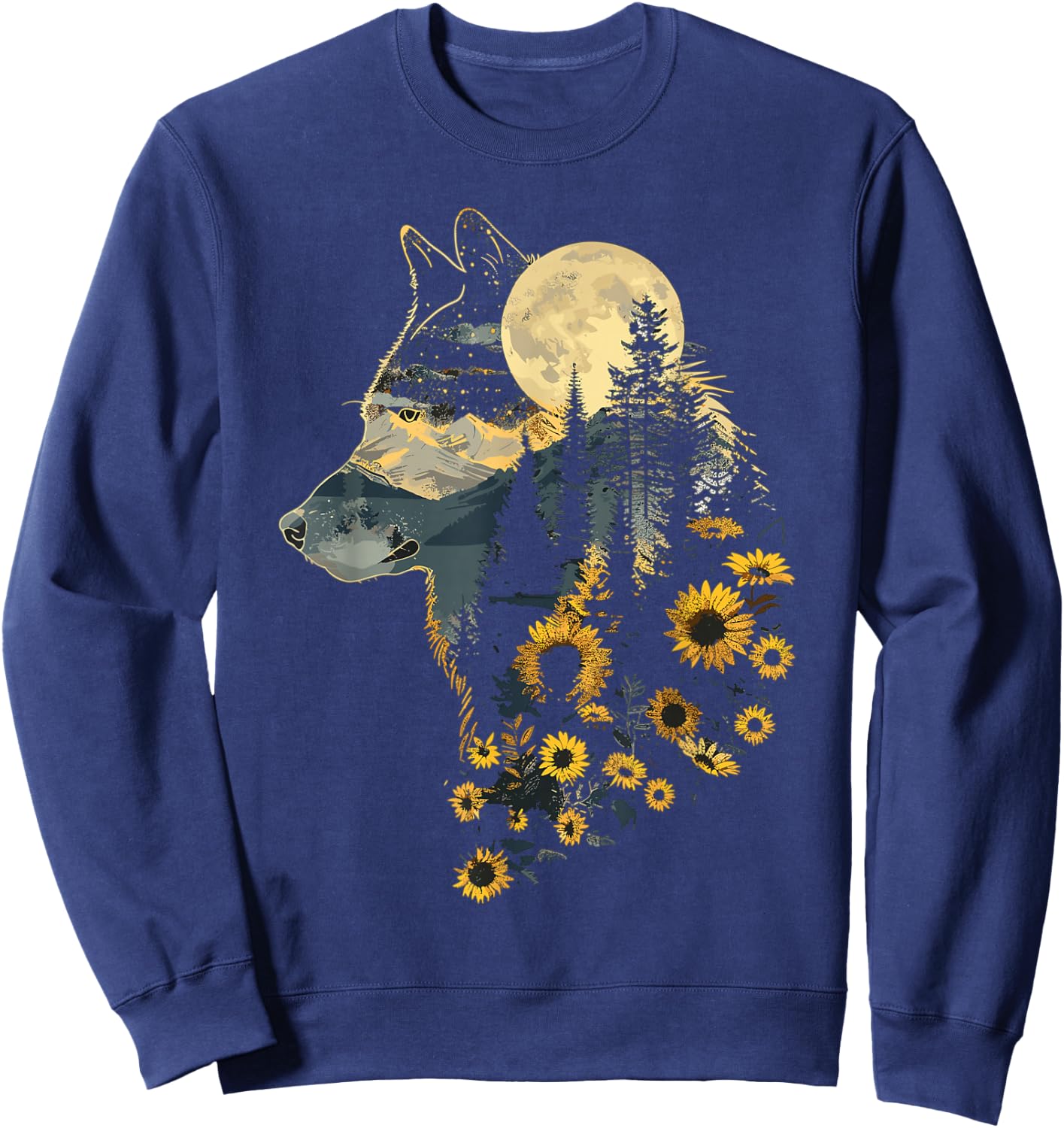 Cute Wolf Floral Sunflower Wolves Sweatshirt - Sweatshirt | Navy