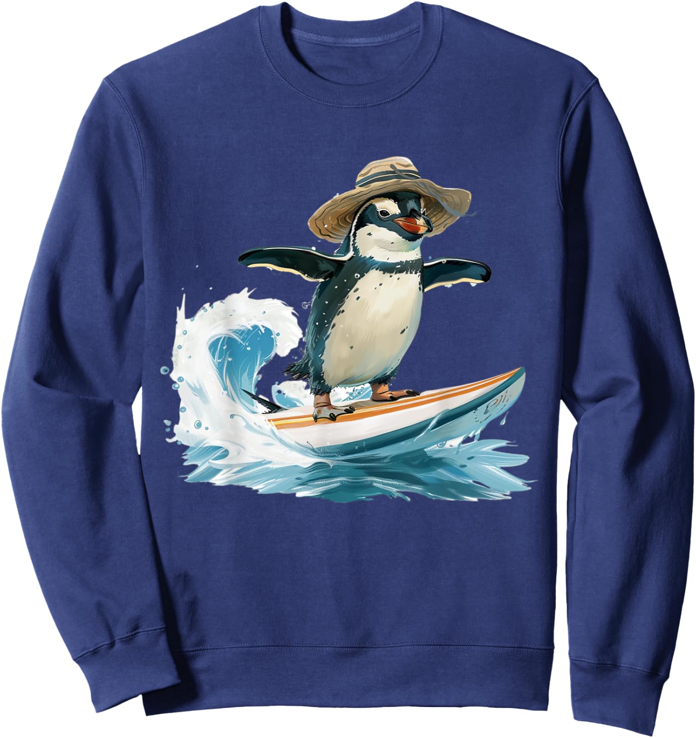 Surfing Penguin in Straw Hat Fun Beach Design Men Women Sweatshirt - Sweatshirt | Navy