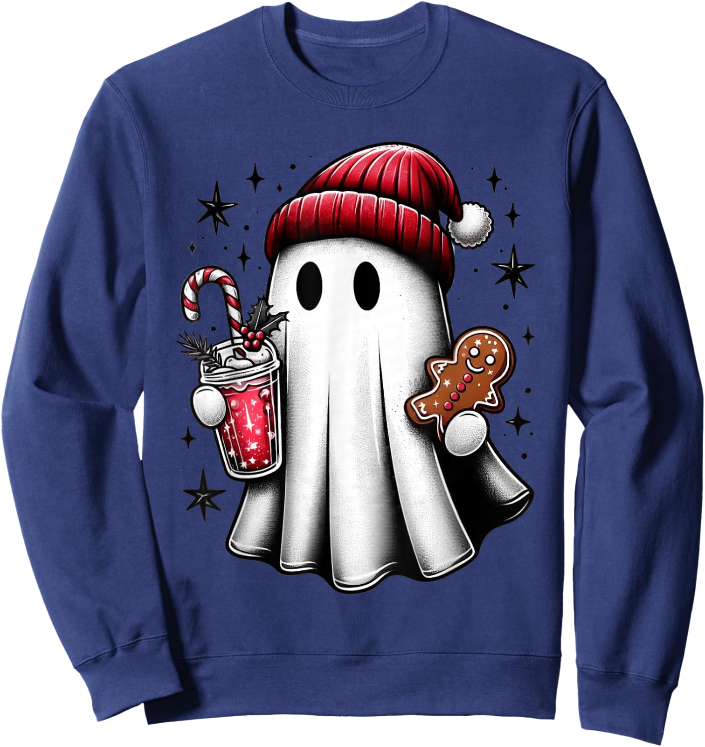 Cute Santa Ghost Drinking Coffee Ice Coffee Christmas Pajama Sweatshirt - Sweatshirt | Navy
