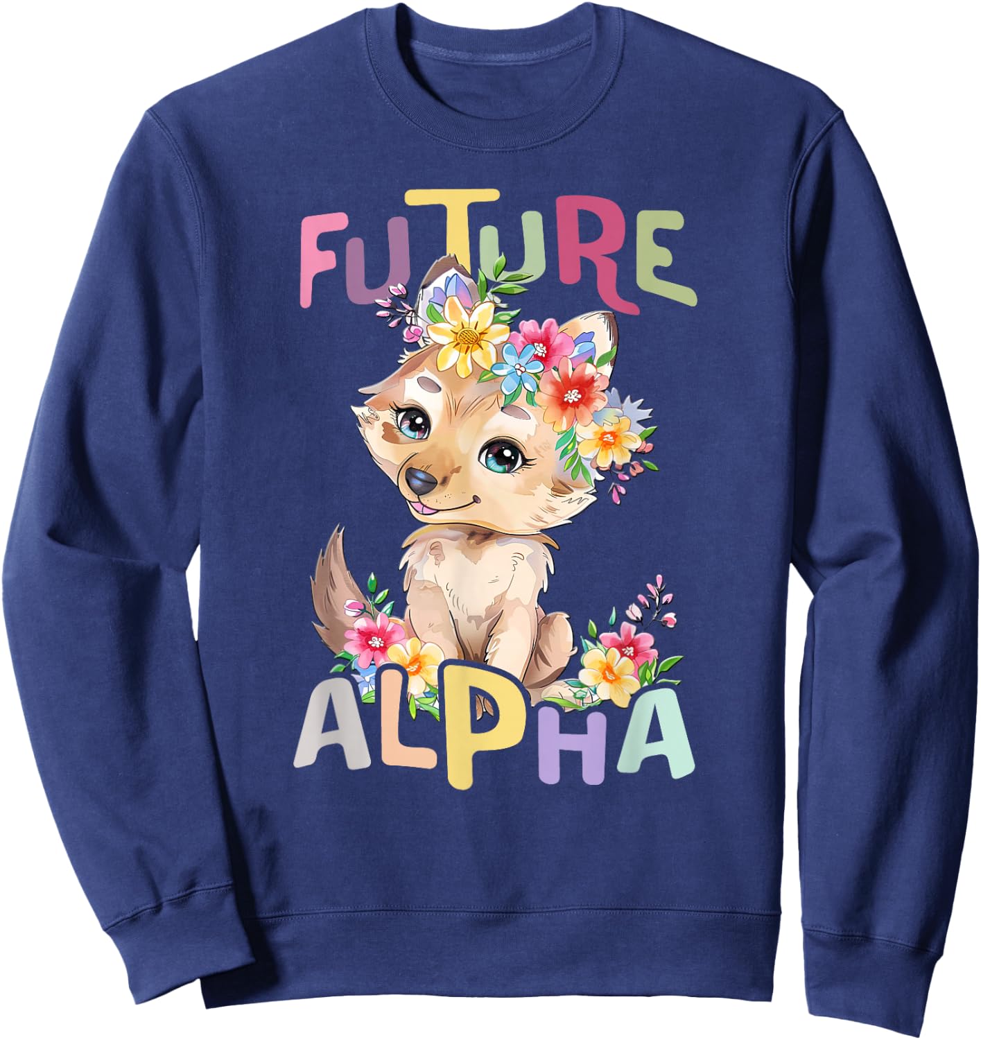 Future Alpha Wolf with Flowers Cute Wolves Animal Moon Sweatshirt - Sweatshirt | Navy