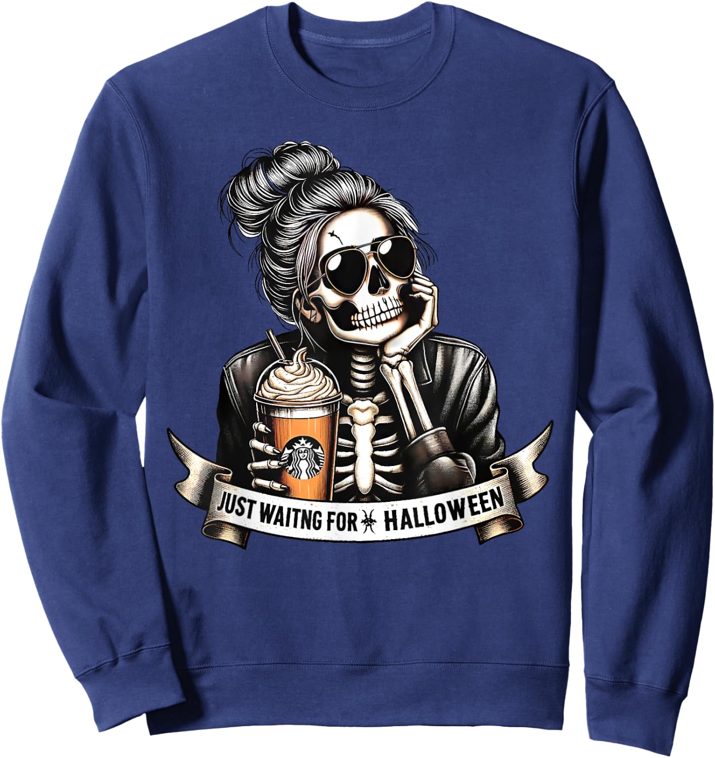 Just Waiting For Halloween Spooky Season Skeleton Coffee Sweatshirt - Sweatshirt | Navy