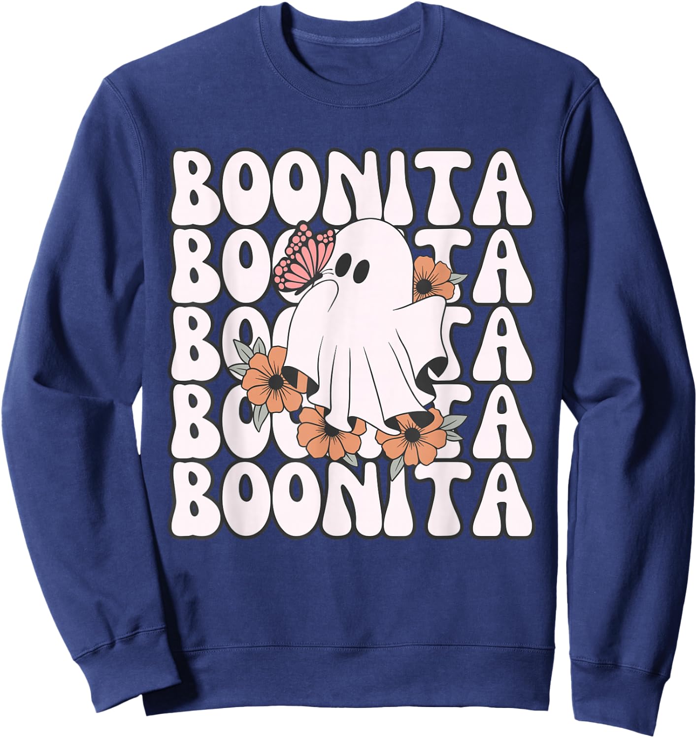 Boonita Halloween Ghost Floral Butterfly Boo Girls Sweatshirt - Sweatshirt | Navy