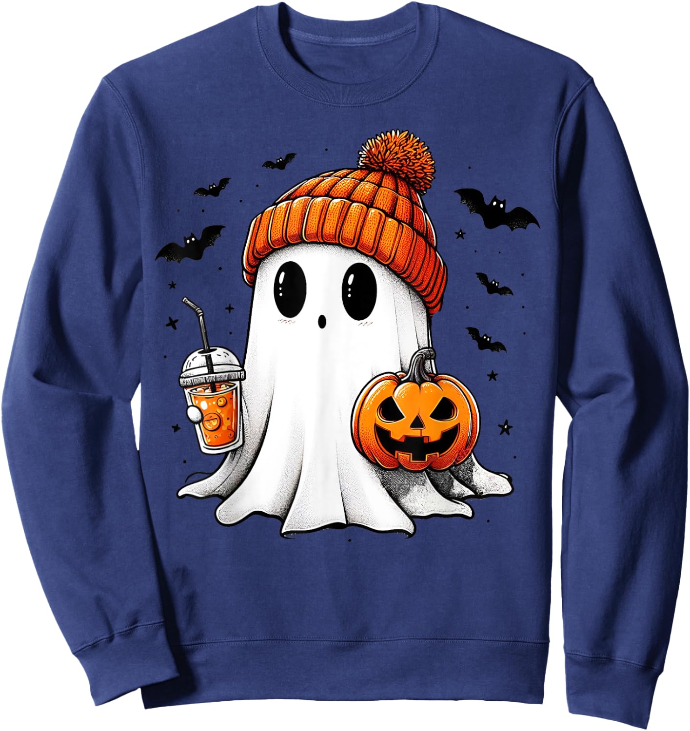 Cute Ghost Drinking Coffee Halloween Ghost Ice Coffee Sweatshirt - Sweatshirt | Navy