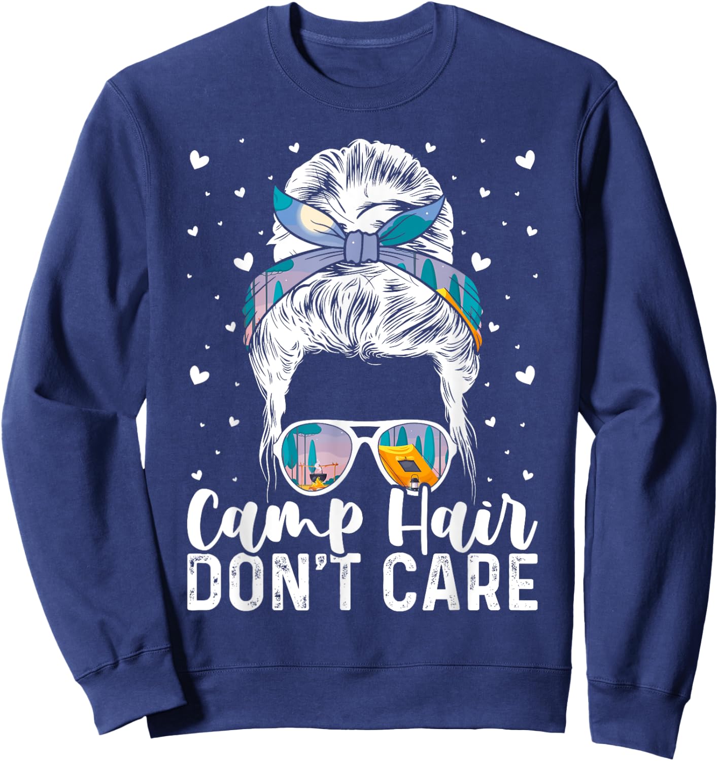 Camp Hair Don't Care Camper Camping Messy Bun Hair Sweatshirt - Sweatshirt | Navy