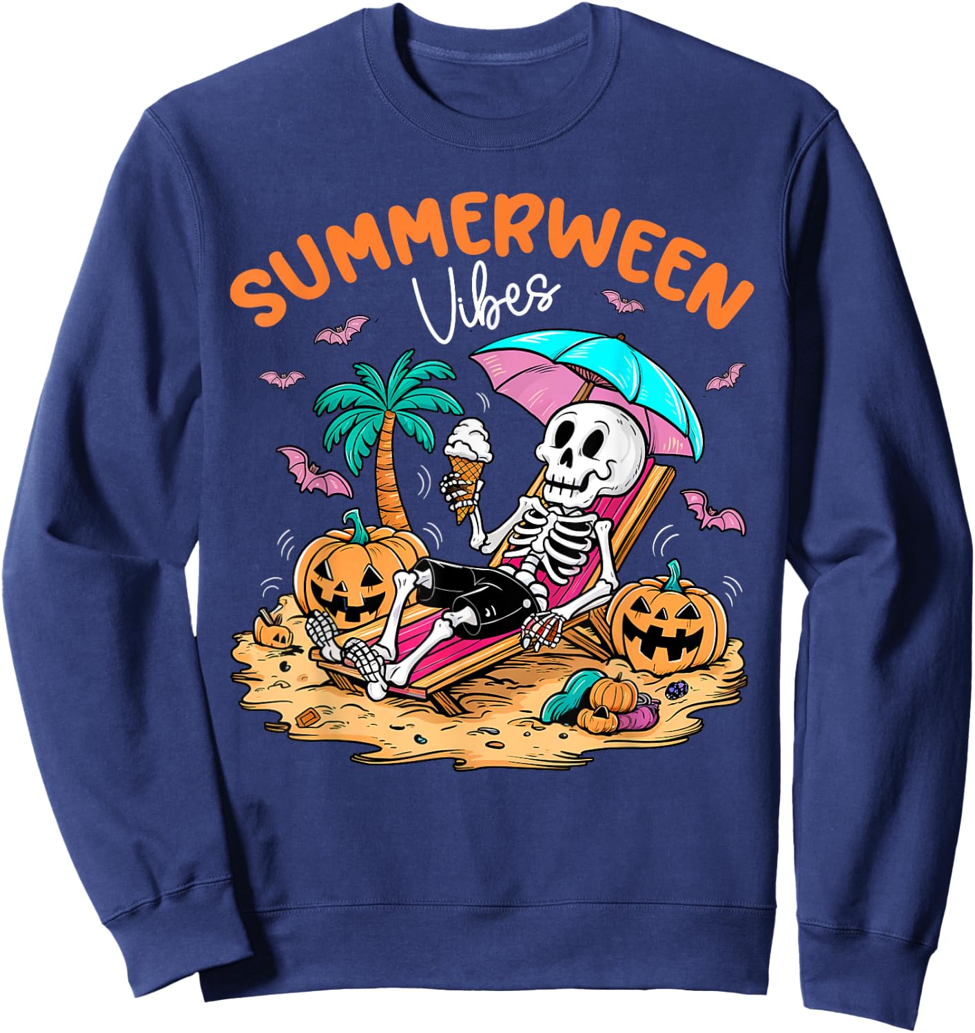 Summerween Halloween Skeleton Ice Cream Summer Vacation Sweatshirt - Sweatshirt | Navy