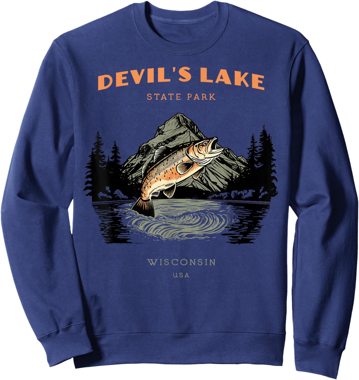 Devil's Lake State Park Wisconsin Retro Vintage Fishing Sweatshirt - Sweatshirt | Navy