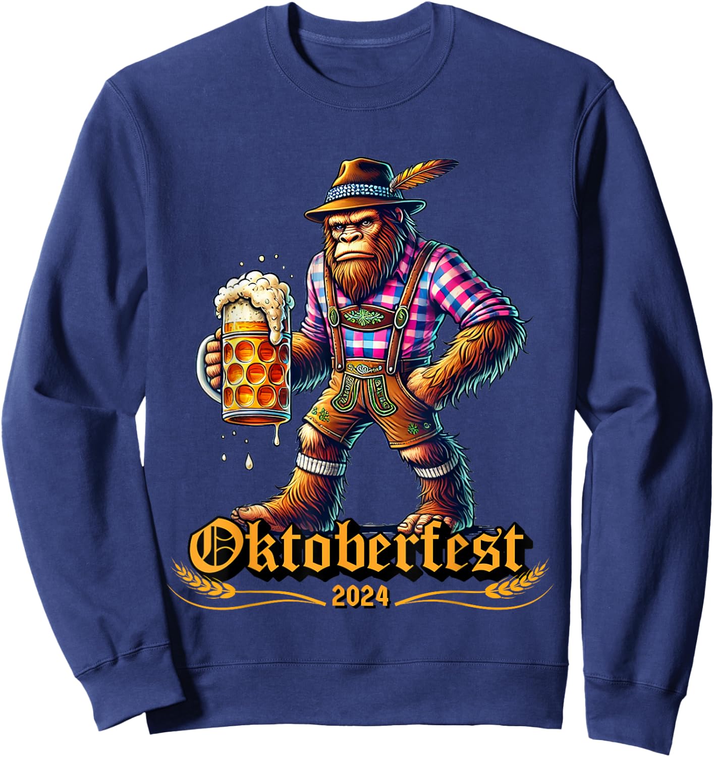 German Bigfoot Sasquatch Lederhose Funny Oktoberfest 2024 Sweatshirt - Sweatshirt | Navy