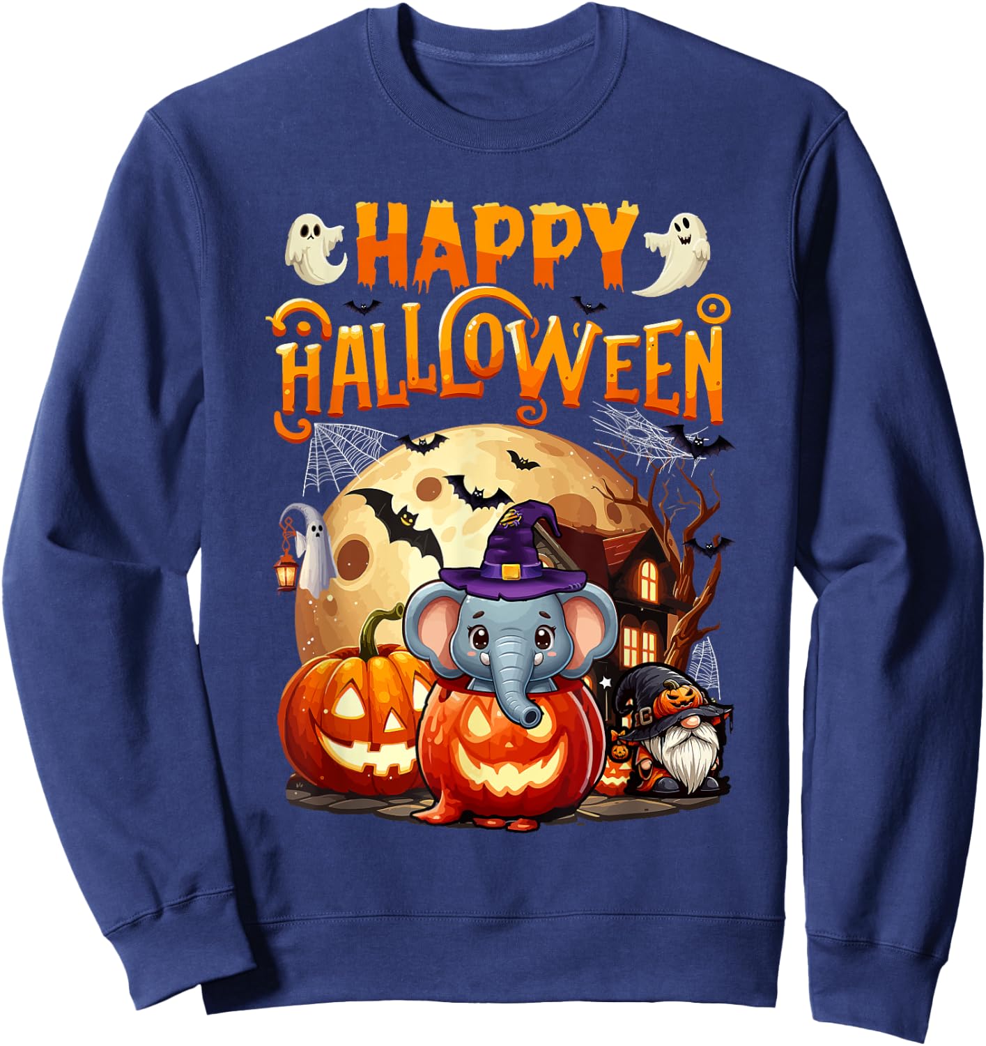 Happy Halloween Elephant Cosplay Witch In Carved Pumpkin Sweatshirt - Sweatshirt | Navy