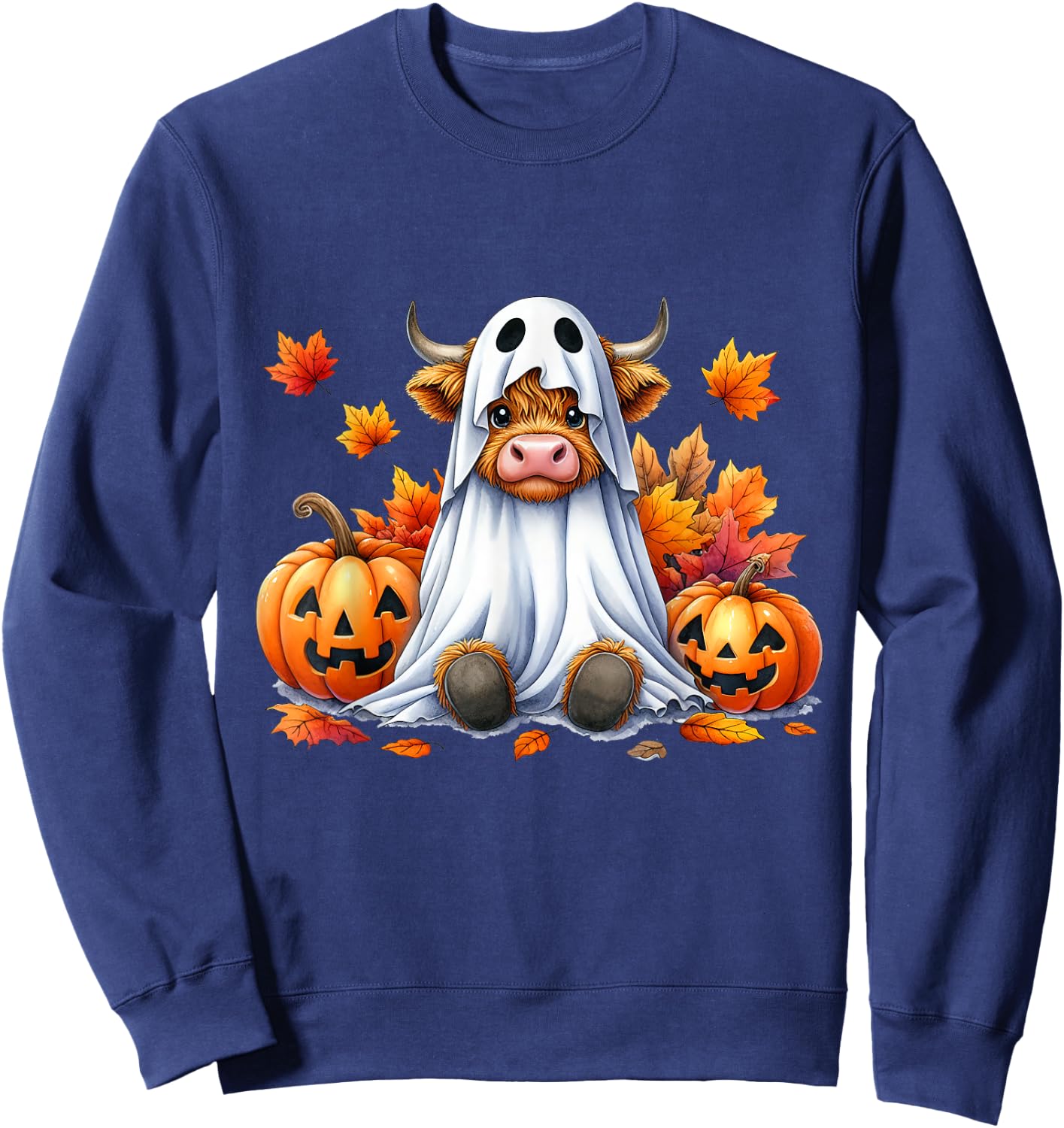 Funny Halloween Highland Cow Ghost Spooky Pumpkin Hello Fall Sweatshirt - Sweatshirt | Navy