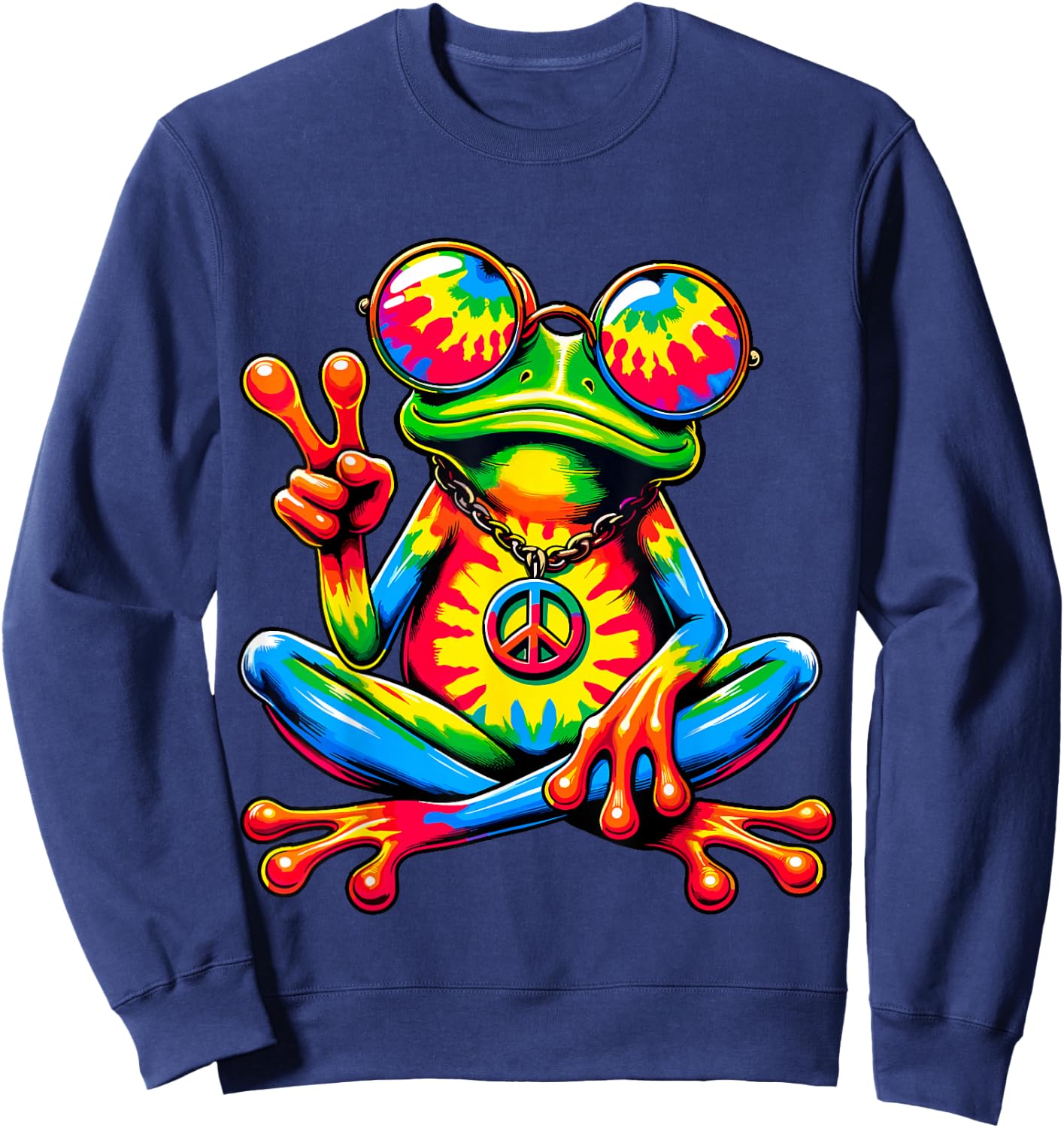 Tie-Dye Peace Frog Peace Sign Hippie Sweatshirt - Sweatshirt | Navy