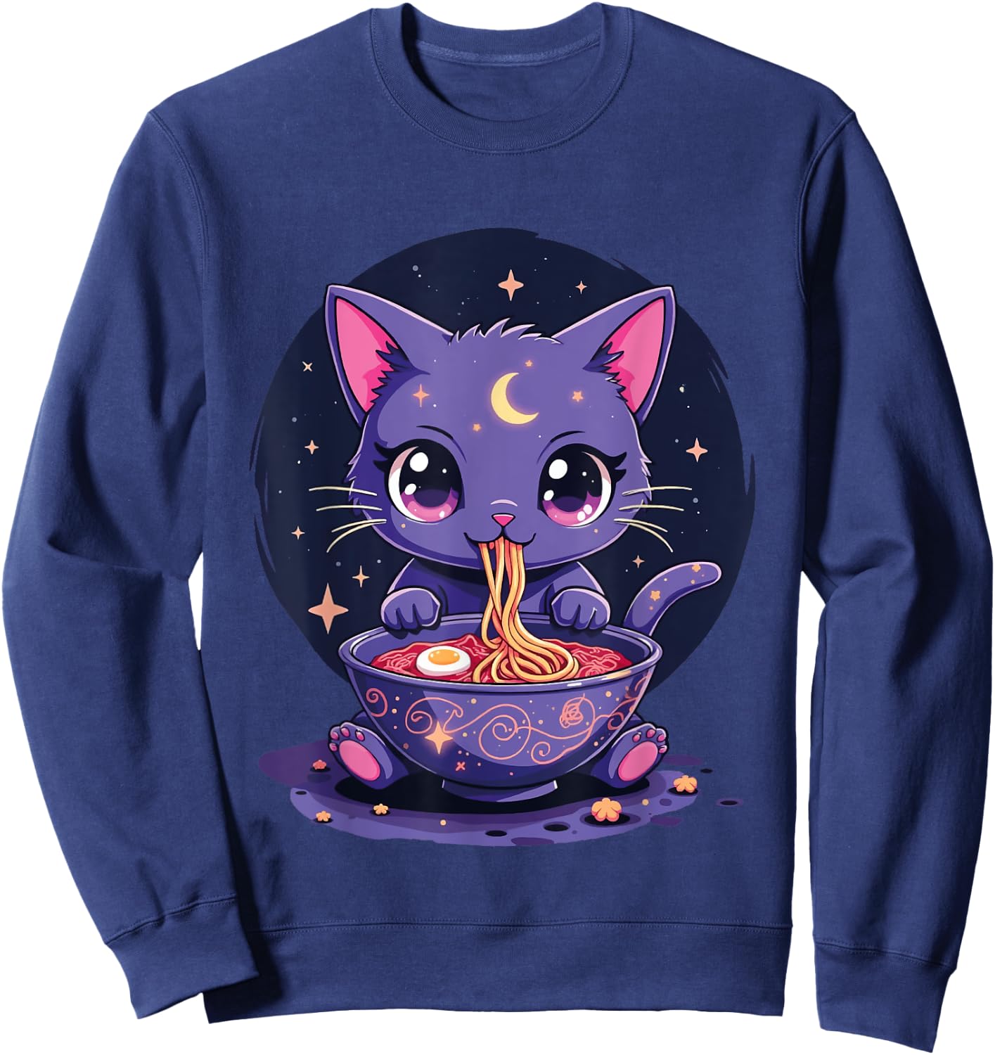 Kawaii Pastel Goth Aesthetic Creepy Cat Eating Ramen Noodles Sweatshirt - Sweatshirt | Navy