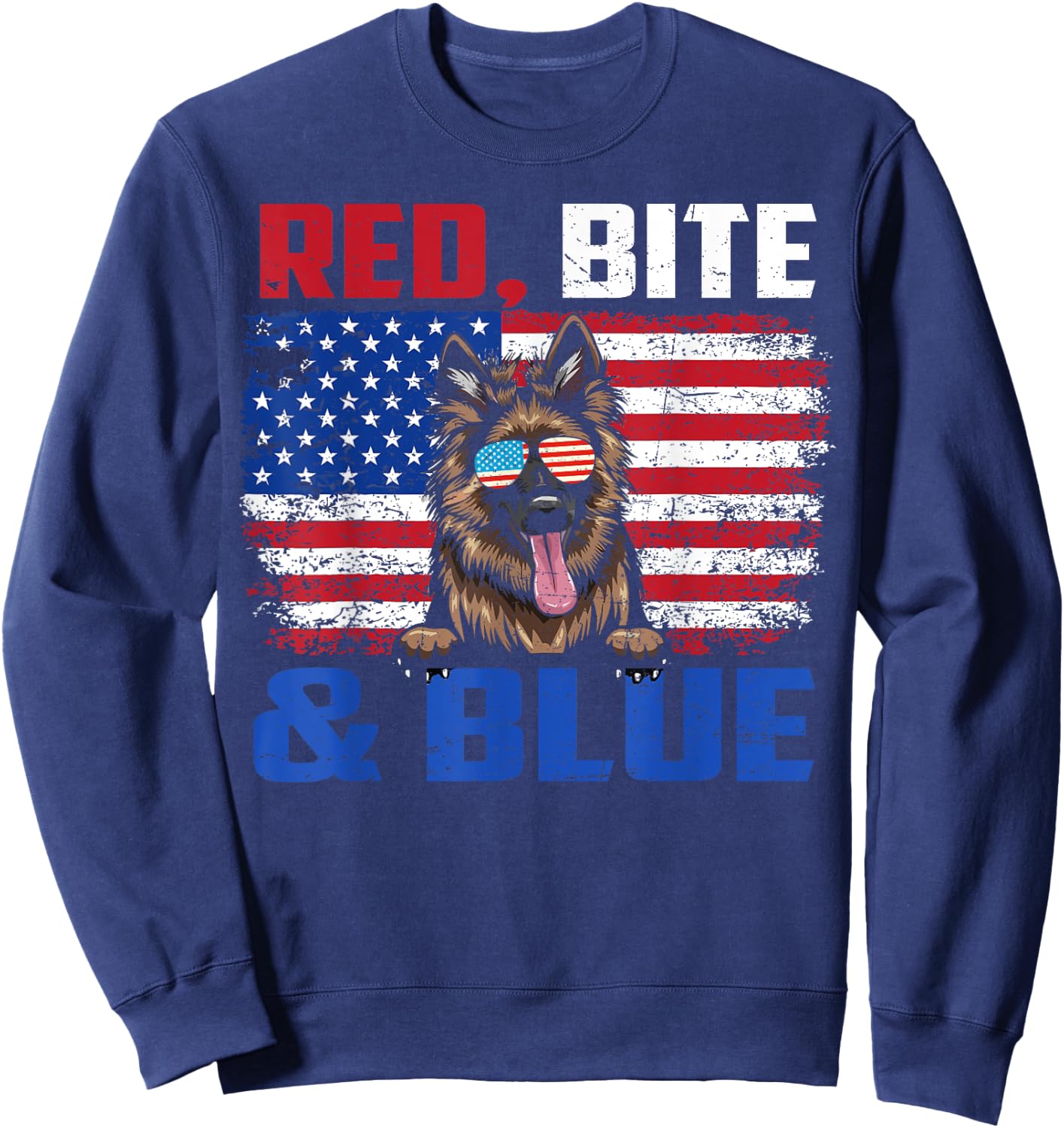 Red Bite Blue Long-Haired German Shepherd Dog 4th Of July Sweatshirt - Sweatshirt | Navy