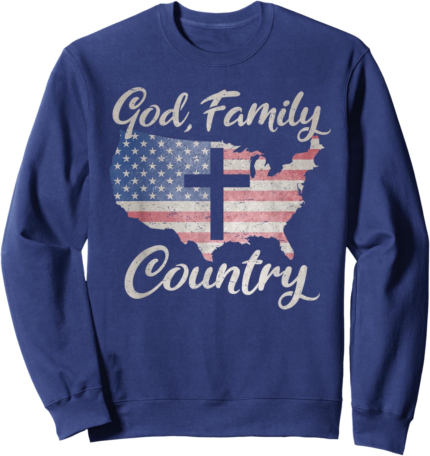 GOD FAMILY COUNTRY Christian Cross Vintage USA American Flag Women Kids Men Sweatshirt - Sweatshirt | Navy