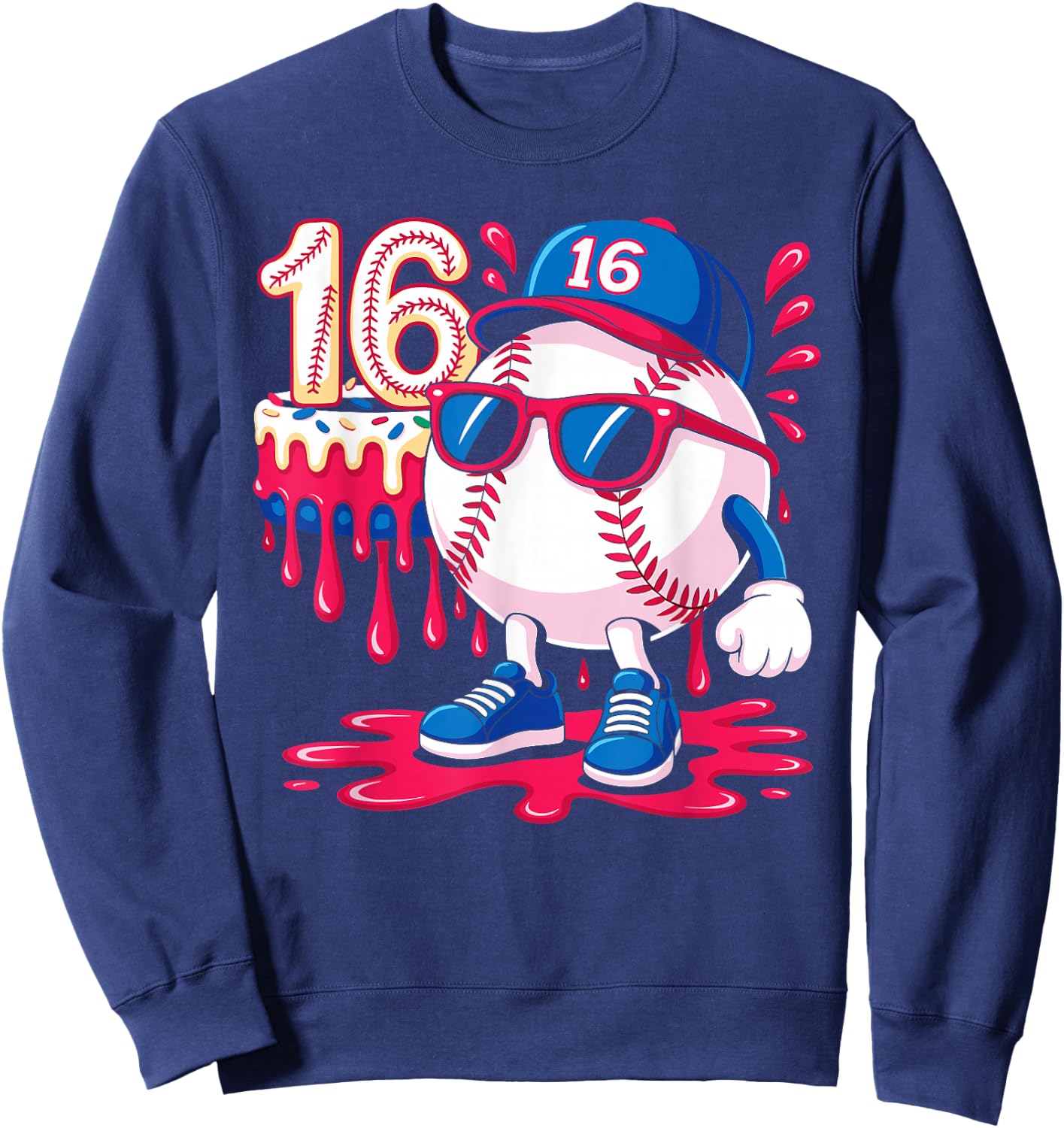 Baseball 16 Year Old Ice Cream Drip 16th Birthday Sweatshirt - Sweatshirt | Navy