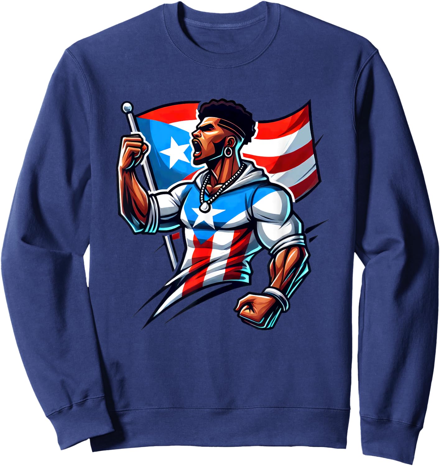 Afro Boricua Protest Fist Puerto Rican Flag Strong Latino Sweatshirt - Sweatshirt | Navy