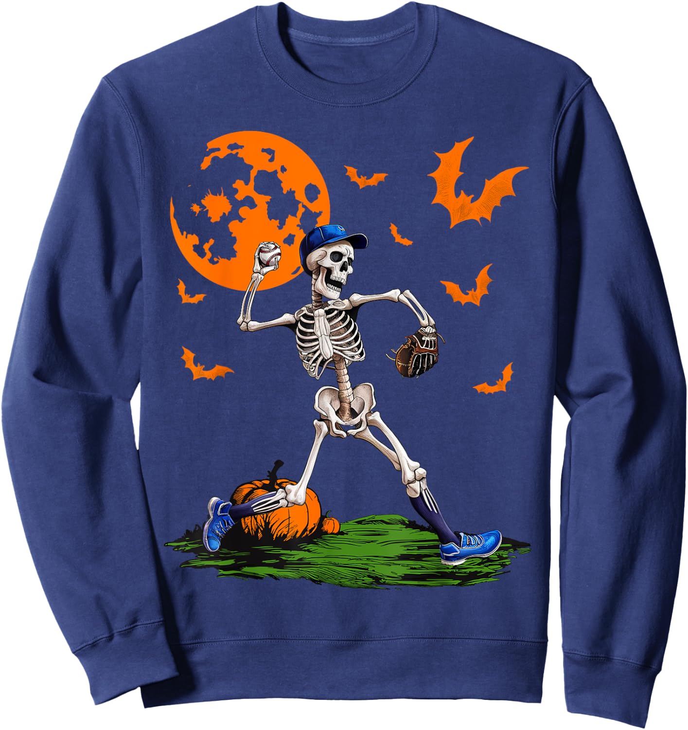 Baseball Skeleton Halloween Men Boys Baseball Spooky Season Sweatshirt - Sweatshirt | Navy