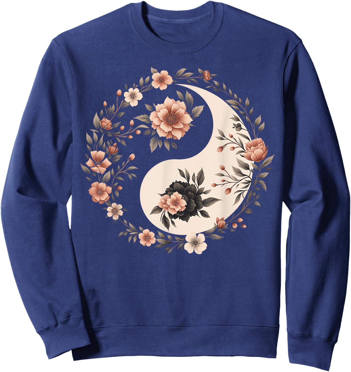 Cool Yin and Yang Symbol Floral Art Style Men Women Sweatshirt - Sweatshirt | Navy