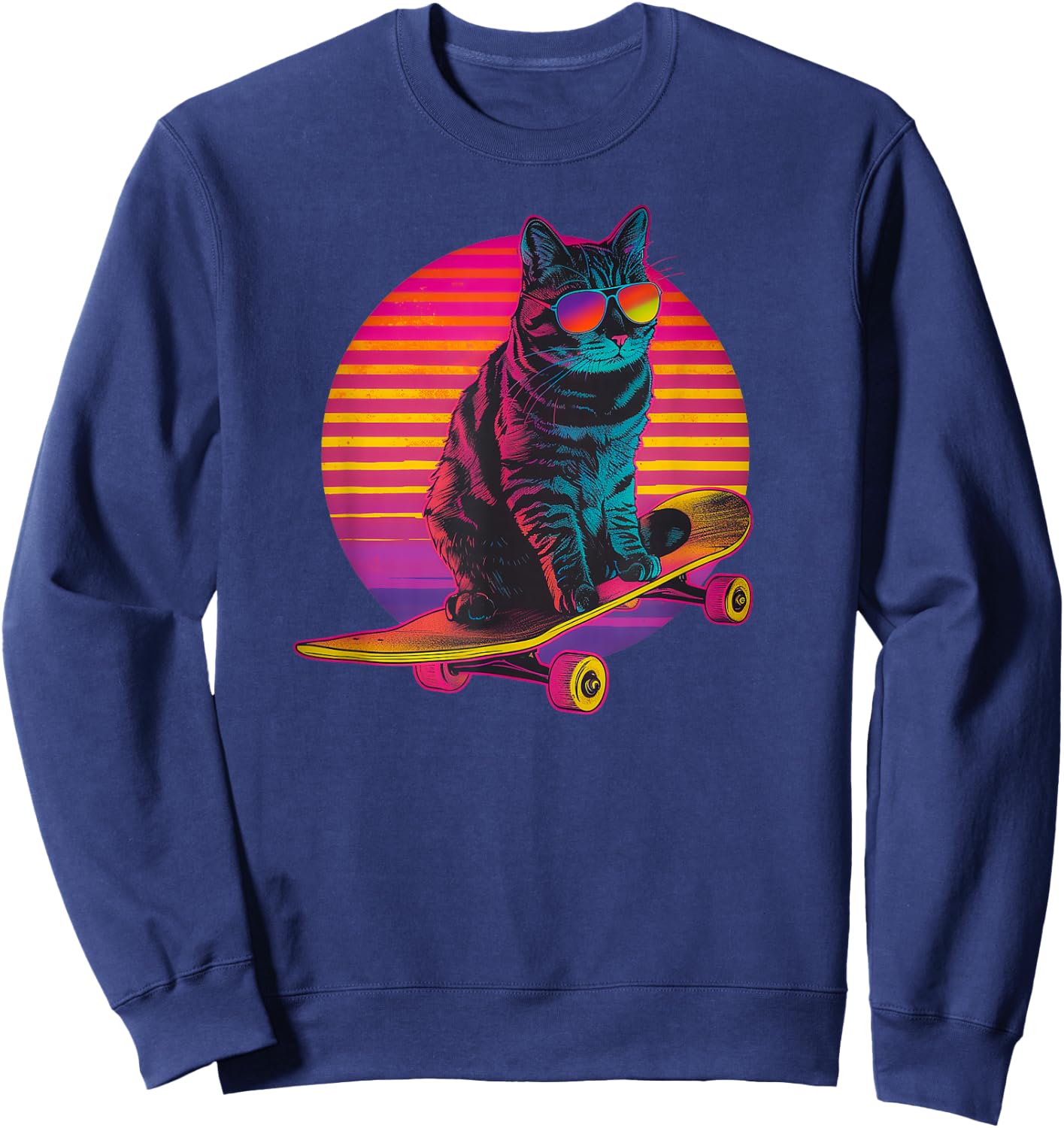 Retro Cat on Skateboard Retro Sunset Sweatshirt - Sweatshirt | Navy